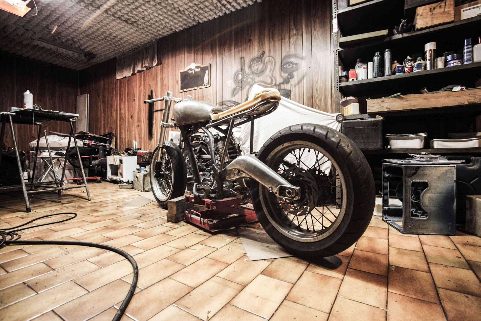 Custom chopper motorcycle in garage in Ohio