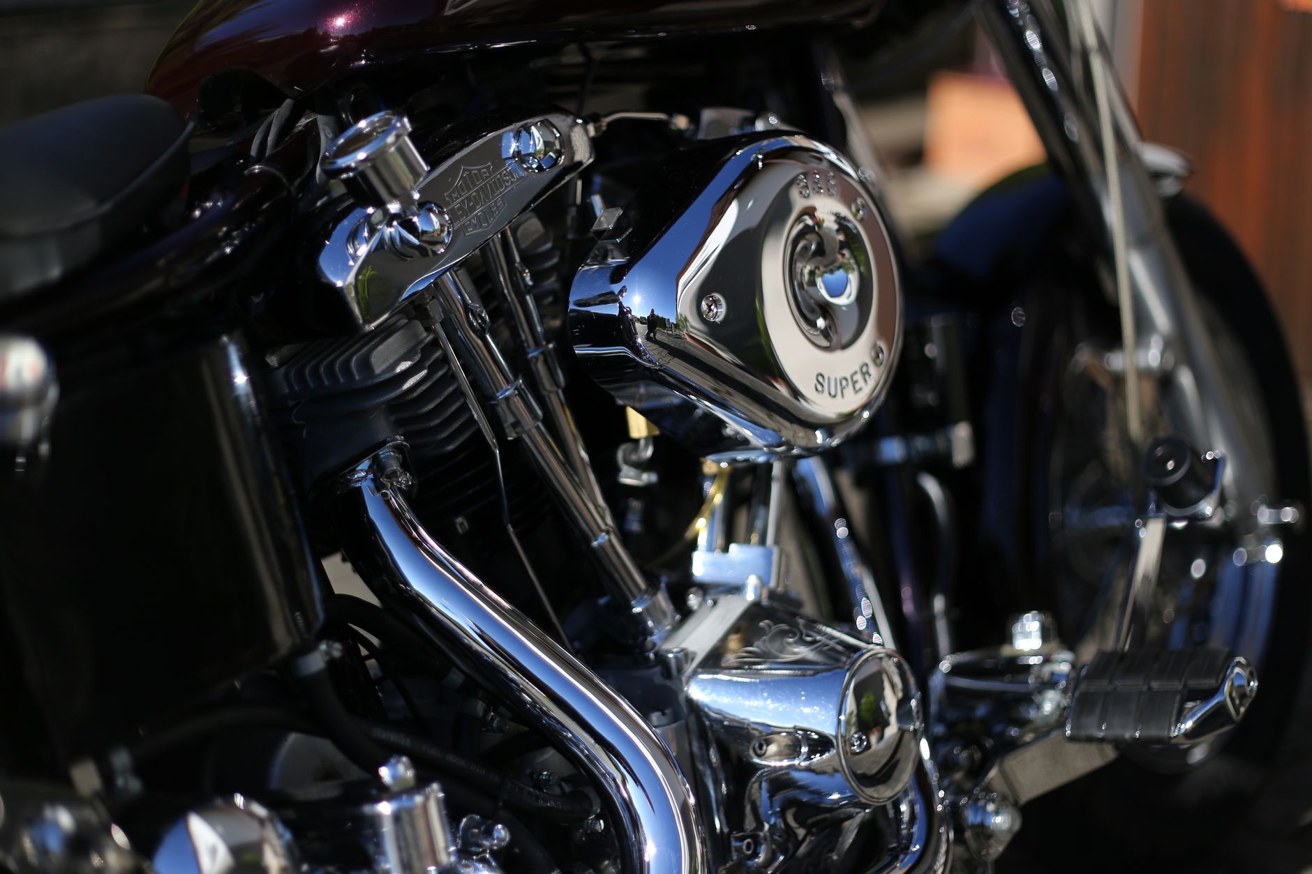 Chrome detail on custom Harley-Davidson motorcycle