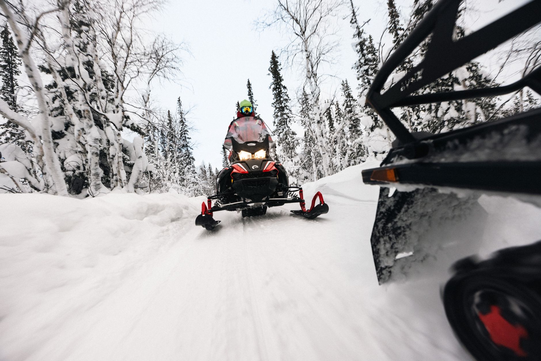 Snowmobile on winter snow trail in Ohio