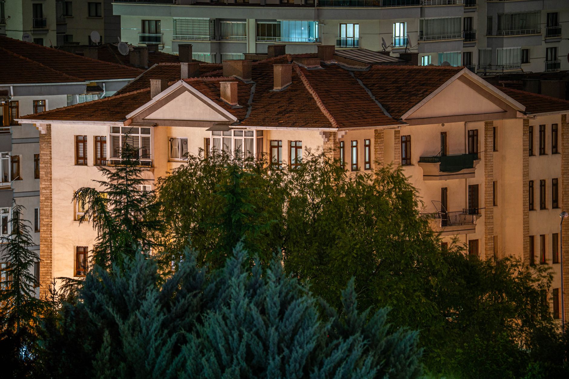 The outside of a house after dark