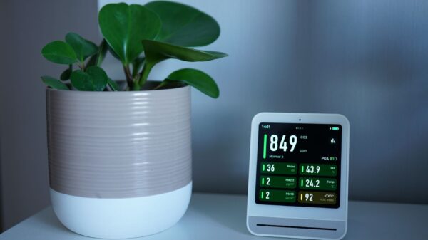 An indoor air monitor next to a potted plant