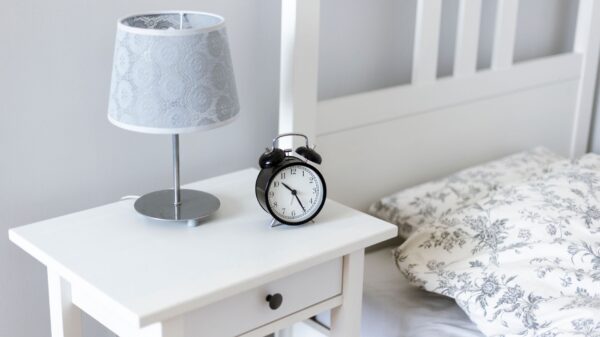 Best alarm clock: a twin-bell alarm clock on a nightstand