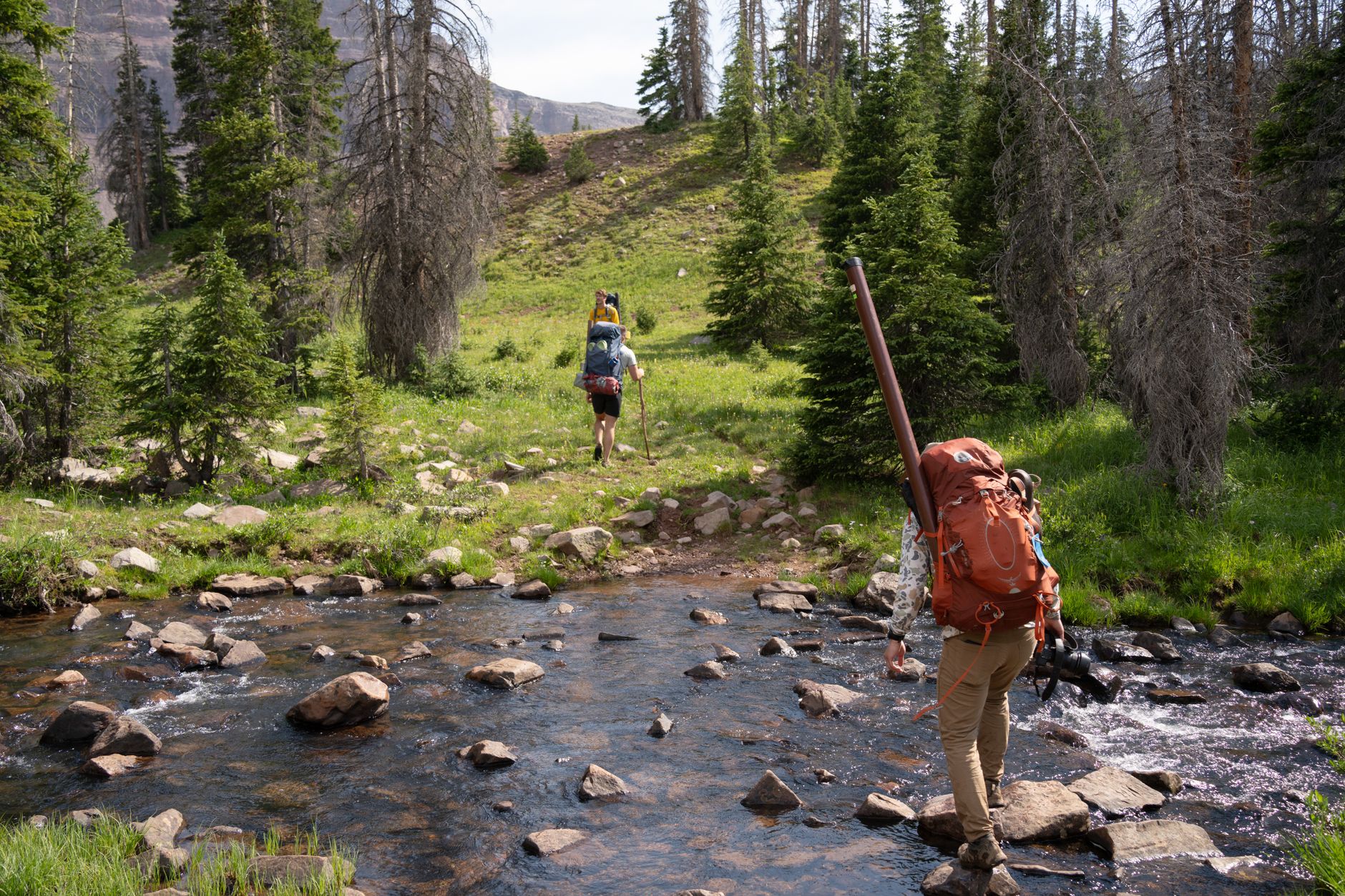 Best backpacking water filter: hikers crossing a mountain stream