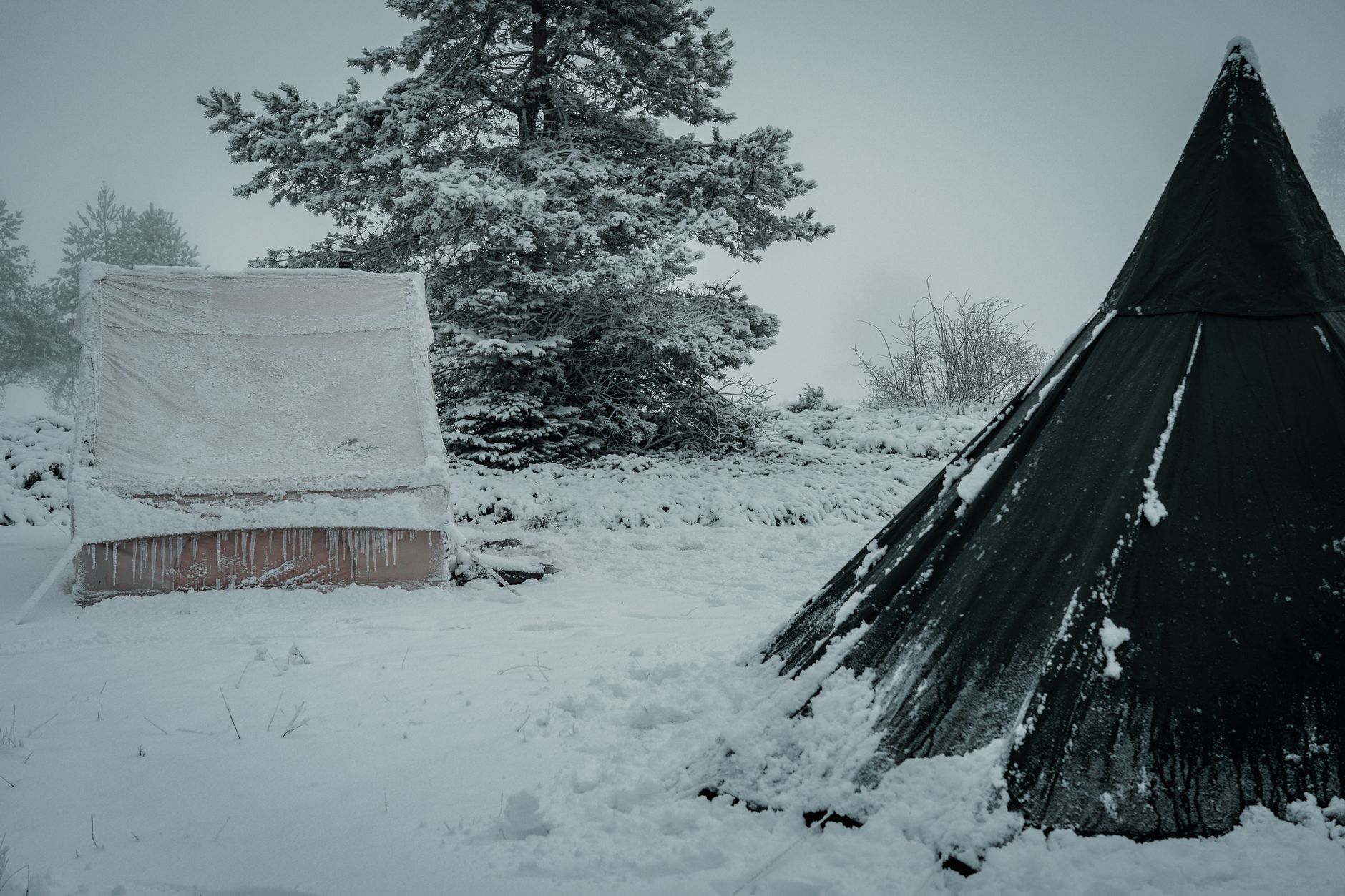 A winter campsite in the snow