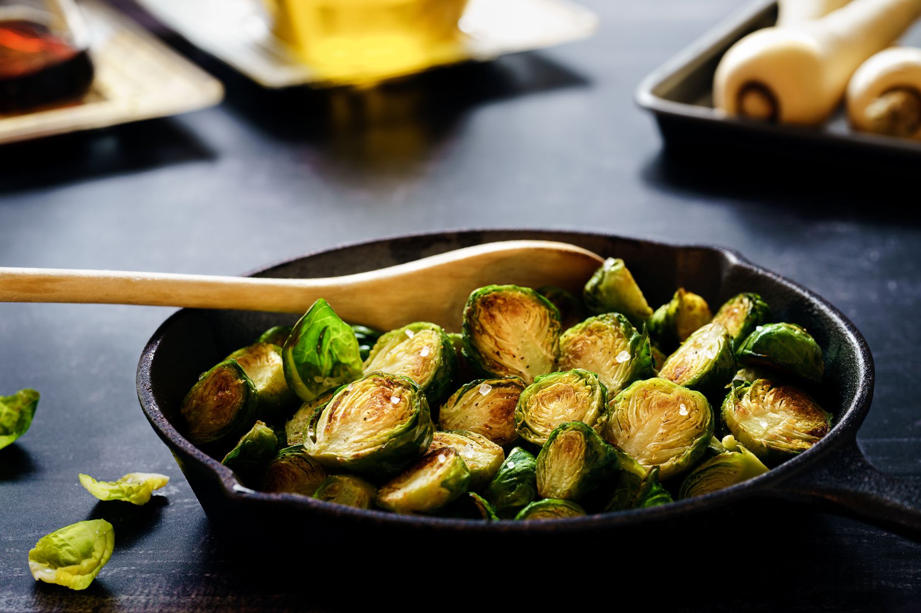 Roasted Brussels sprouts in a skillet