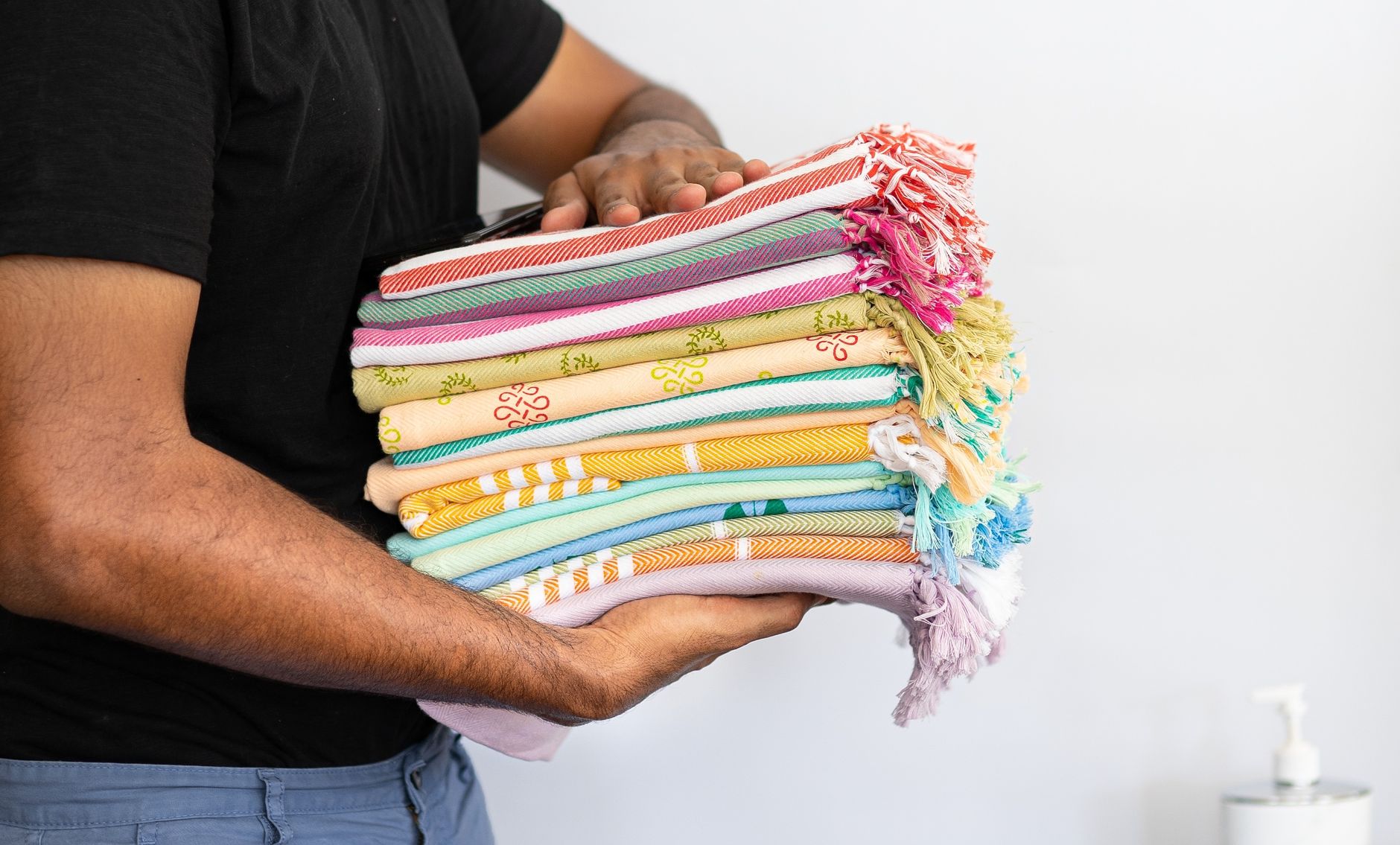 A stack of colorful striped towels