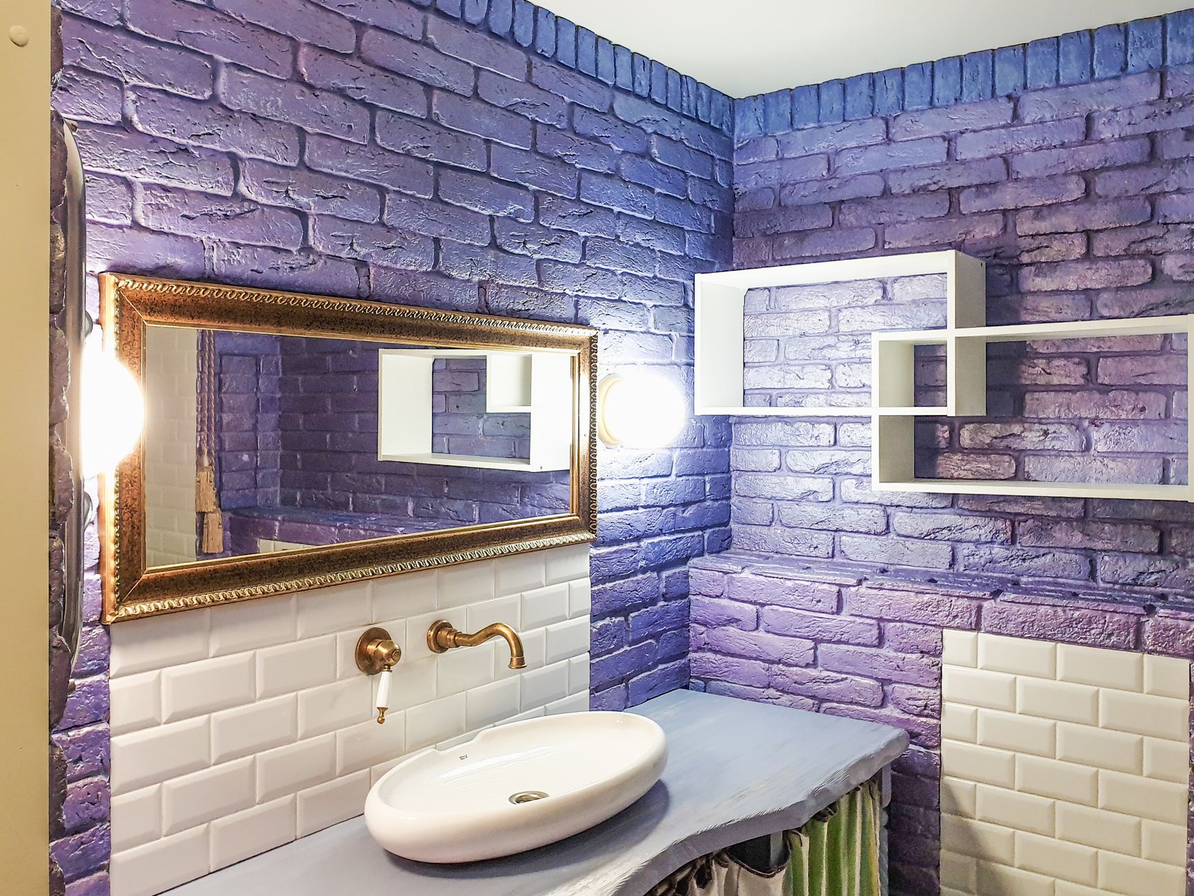 Shelves mounted on a bathroom wall