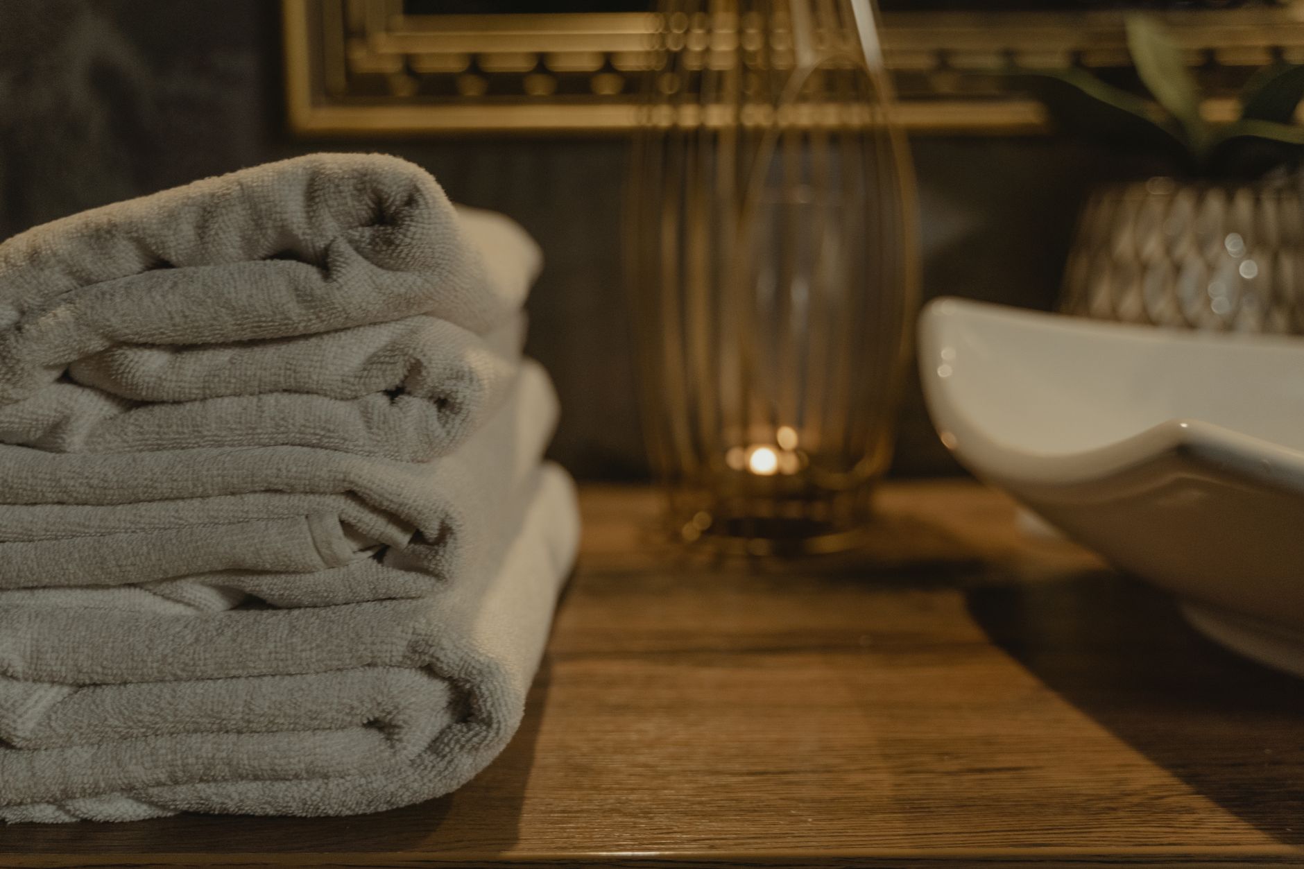 Folded towels in a home bathroom