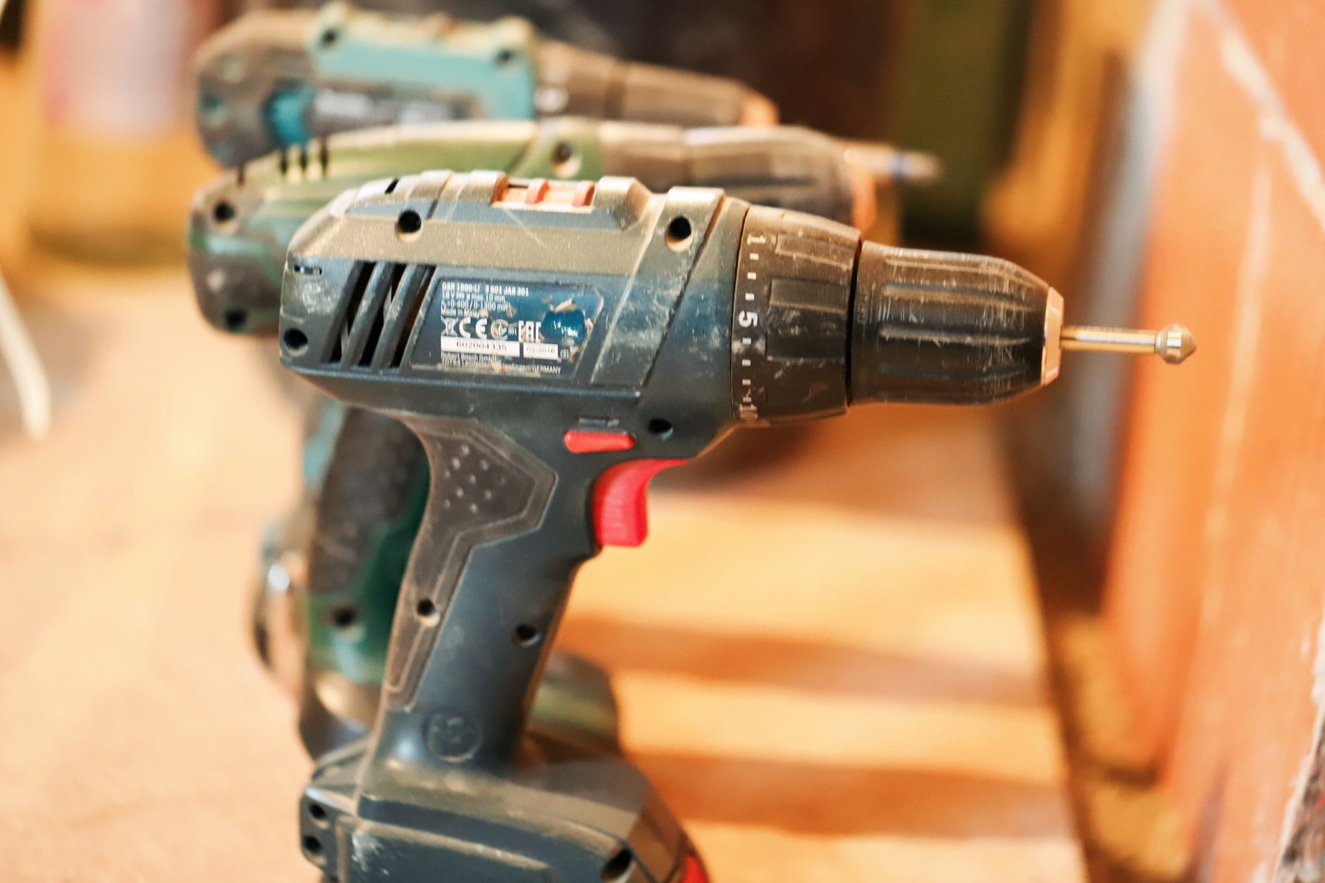 Cordless drills lined up