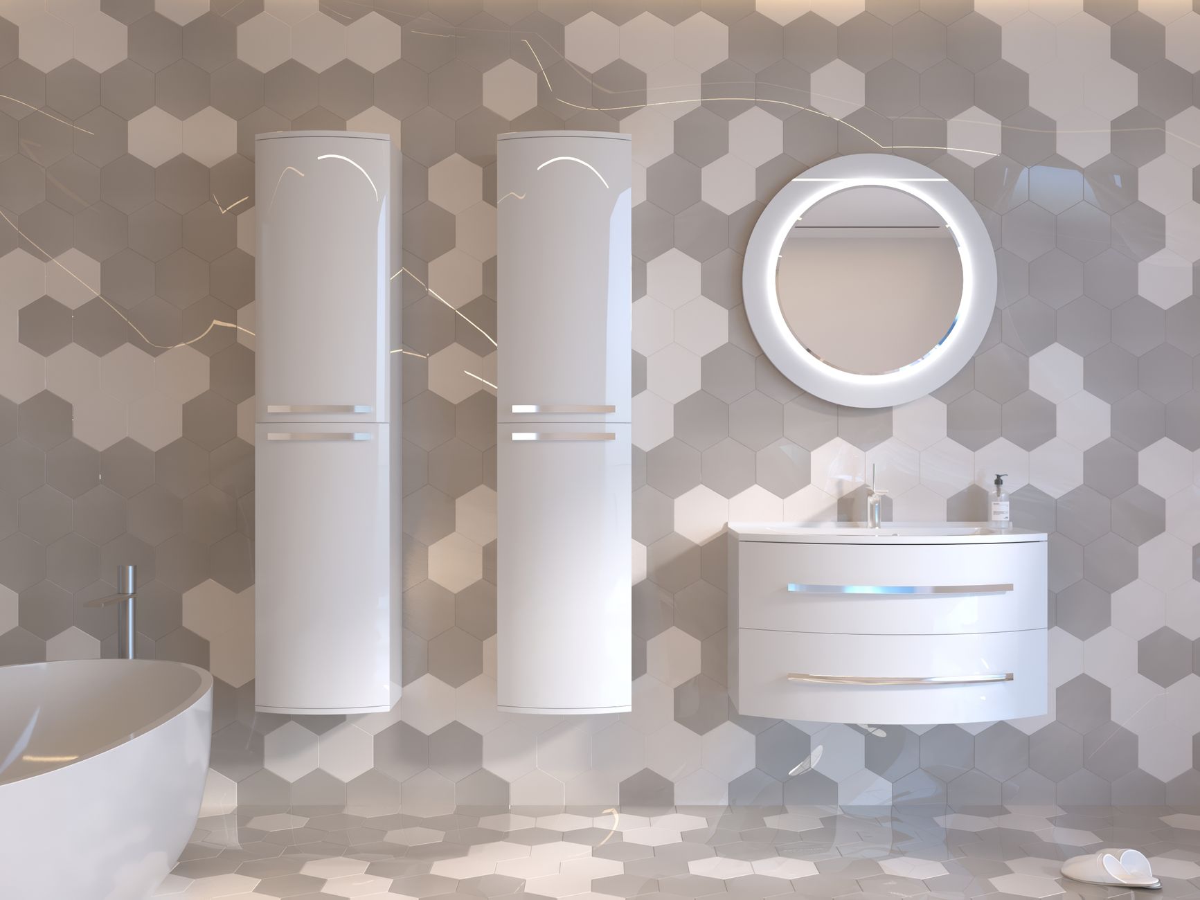 A bright bathroom with white fixtures