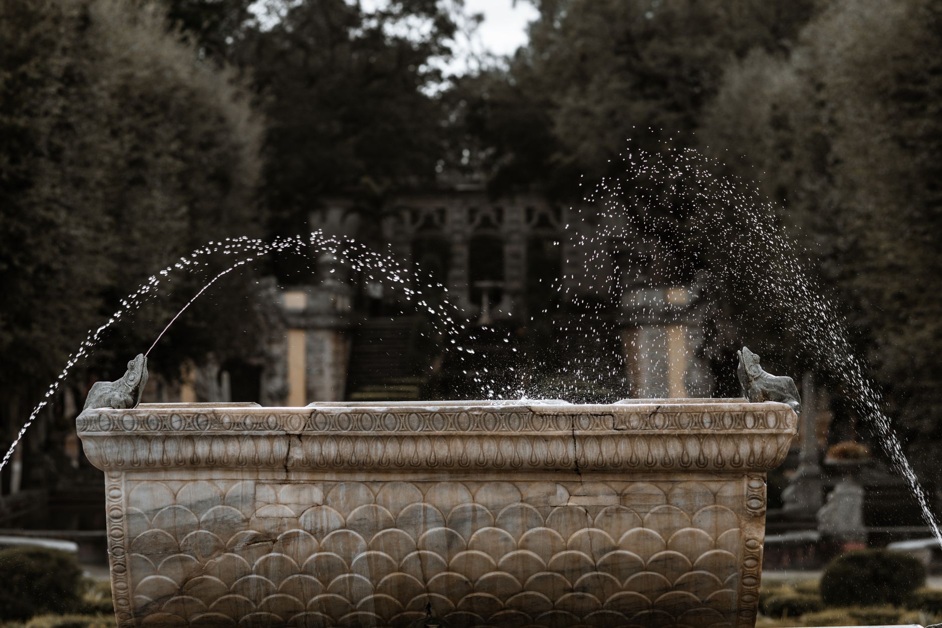 Water splashing from a small garden fountain