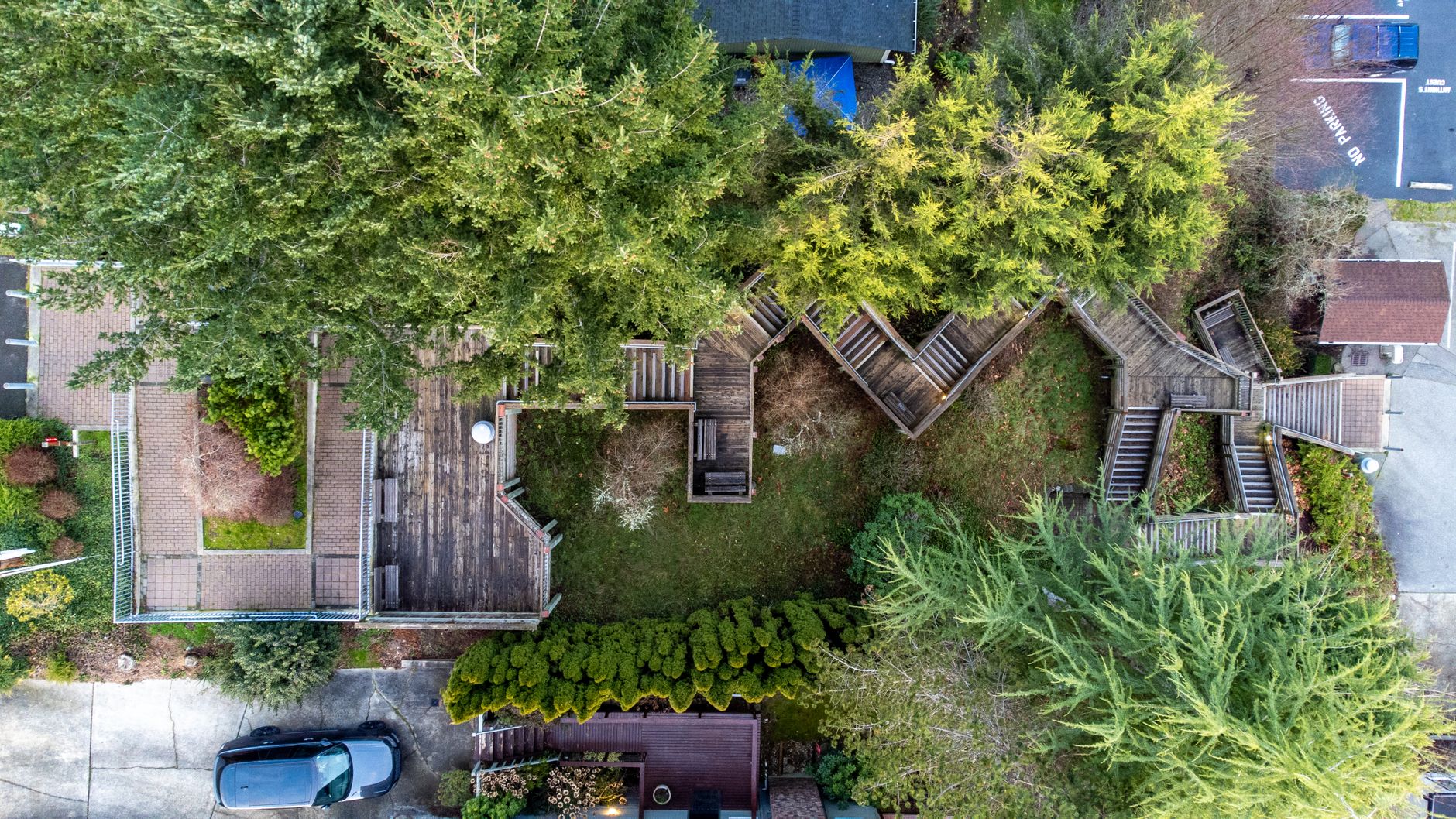 A backyard deck surrounded by trees and shrubs
