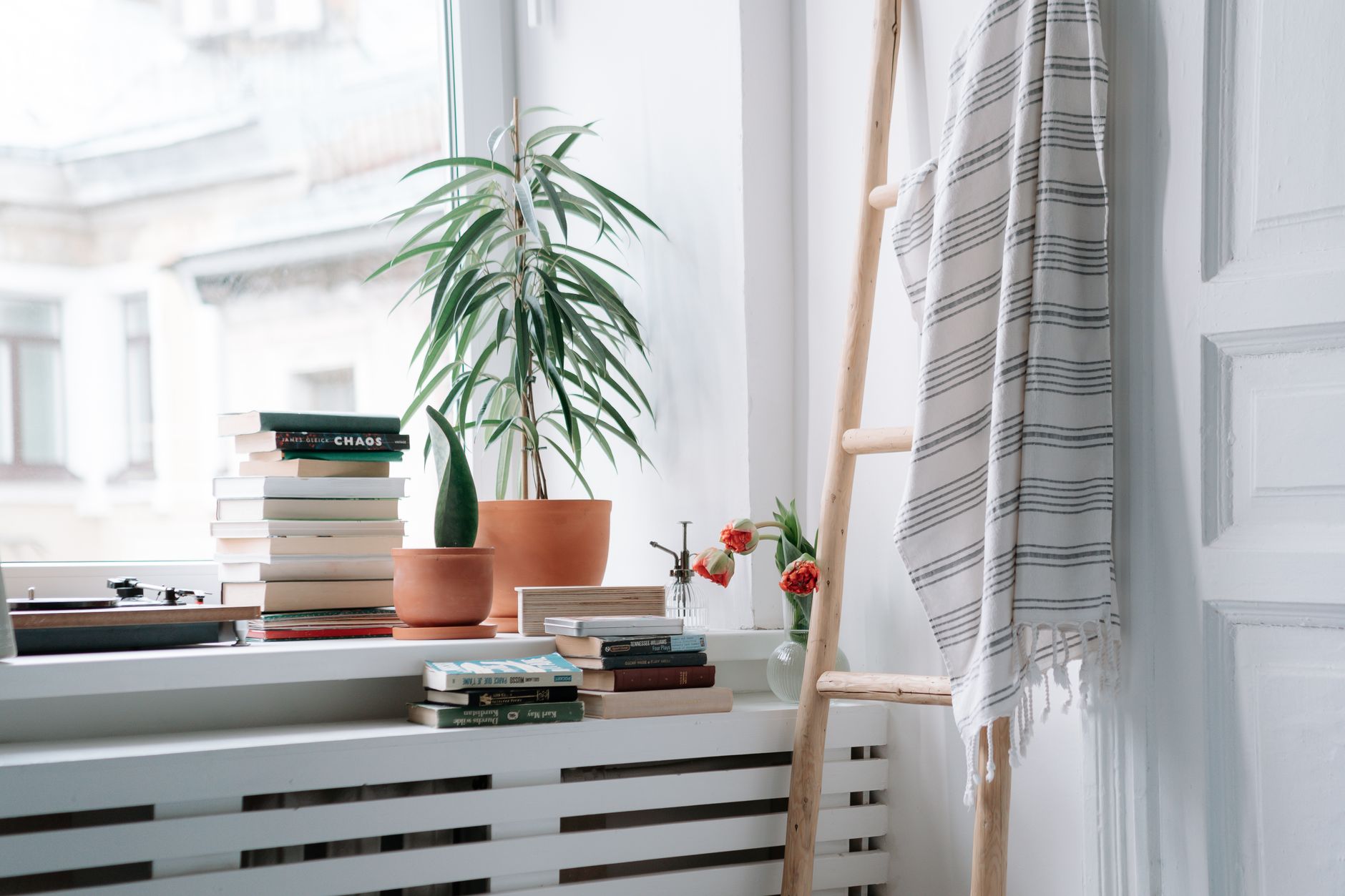 Best blanket ladder: blankets hanging on a ladder in a living room