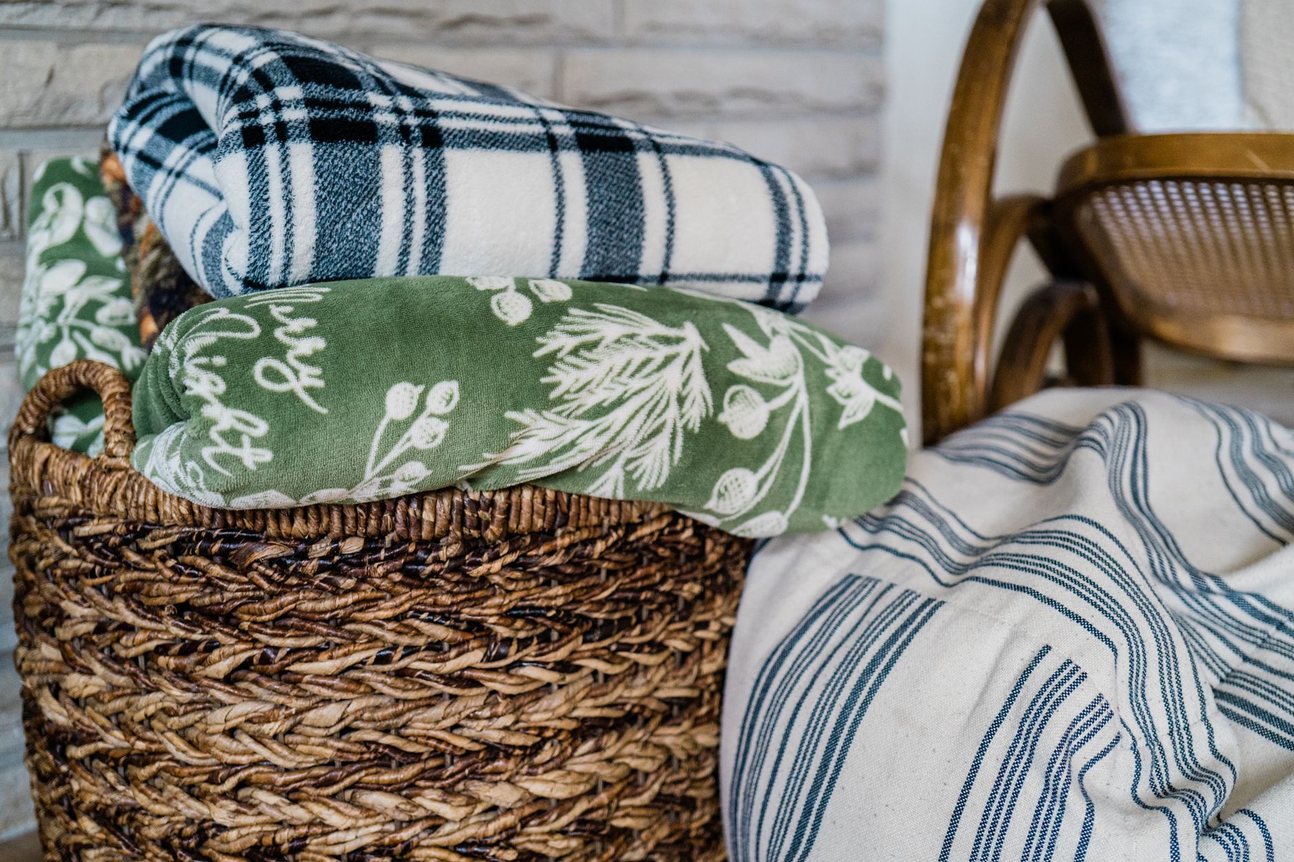 A cozy living room with a throw blanket