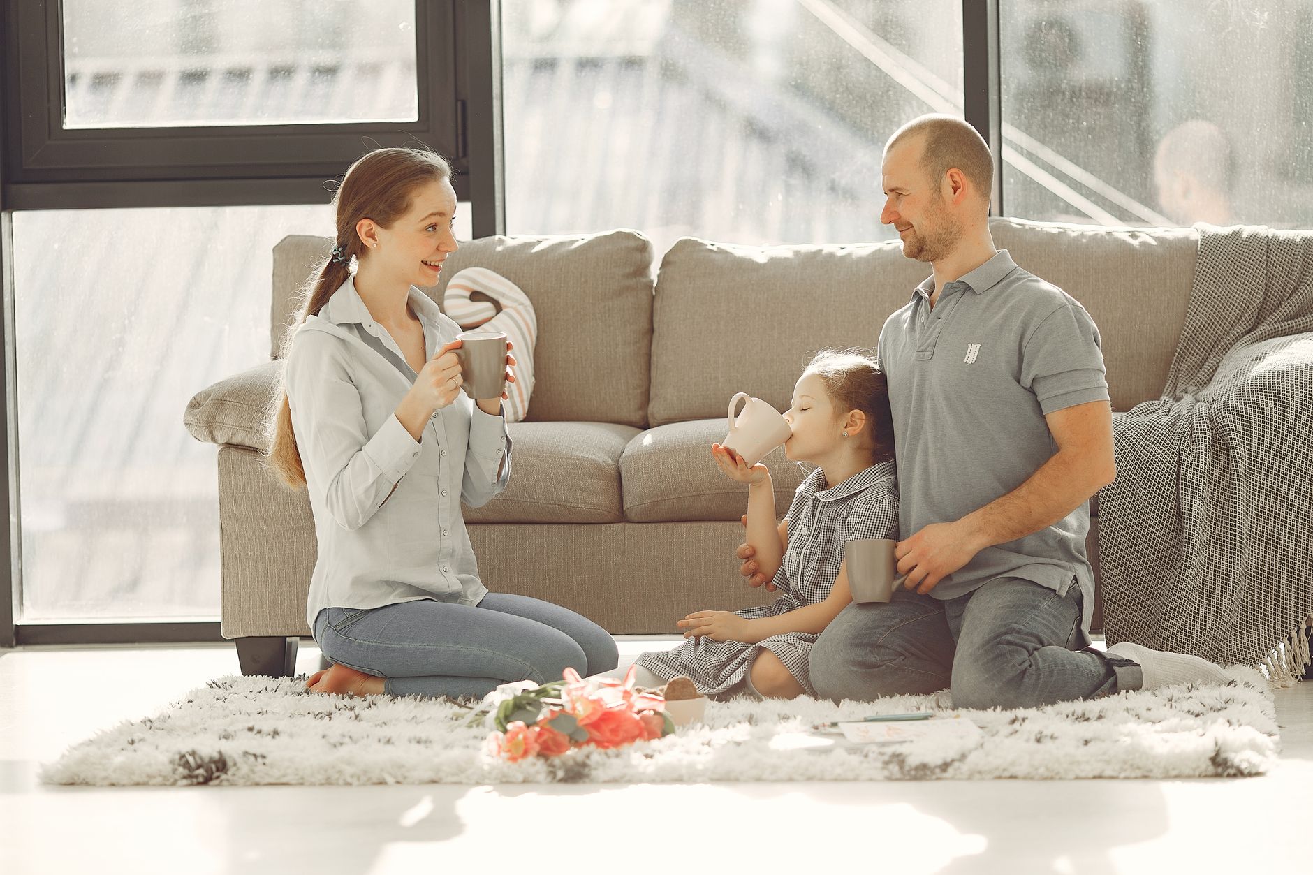 A family living room with soft furnishings