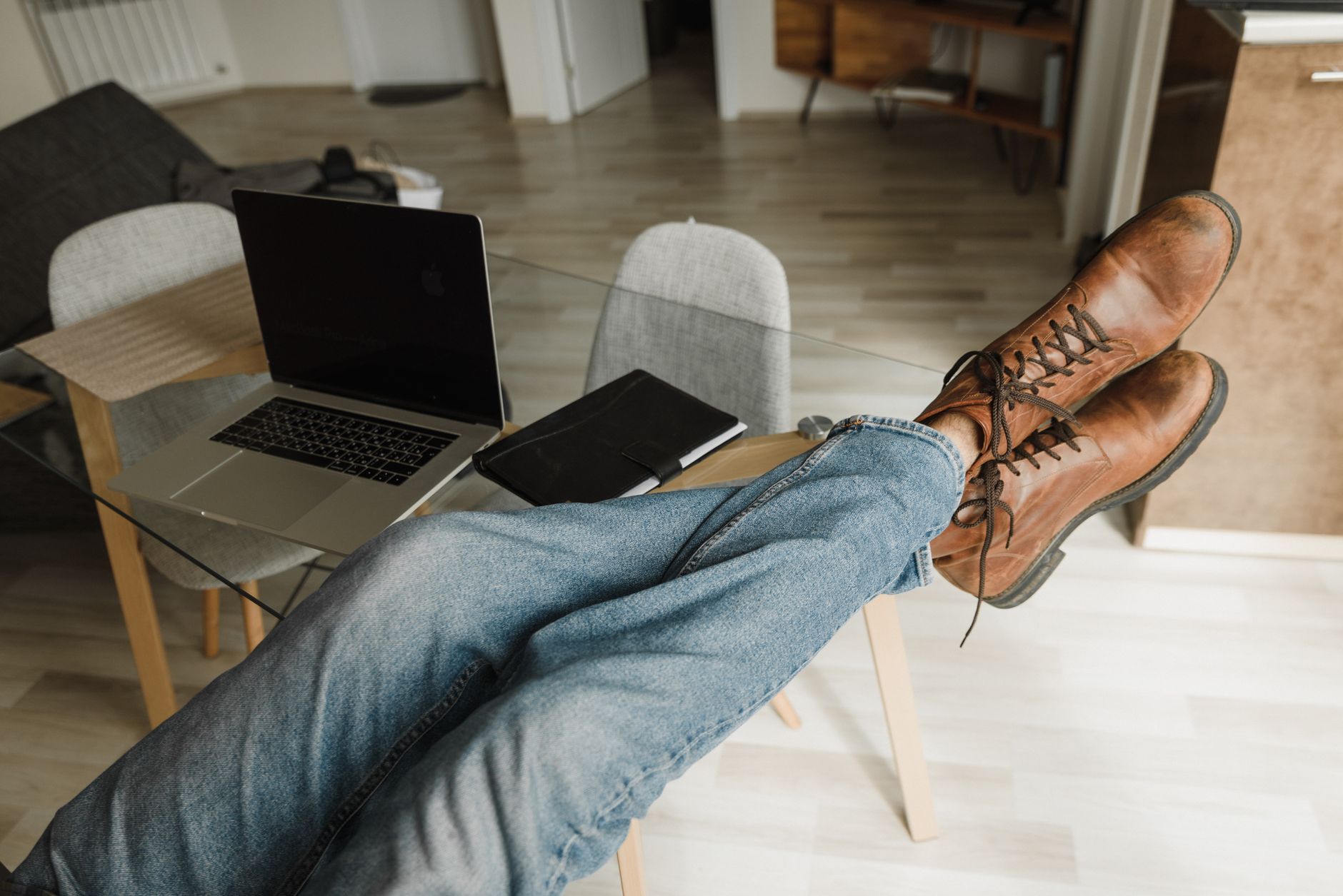 Work boots on a wooden floor