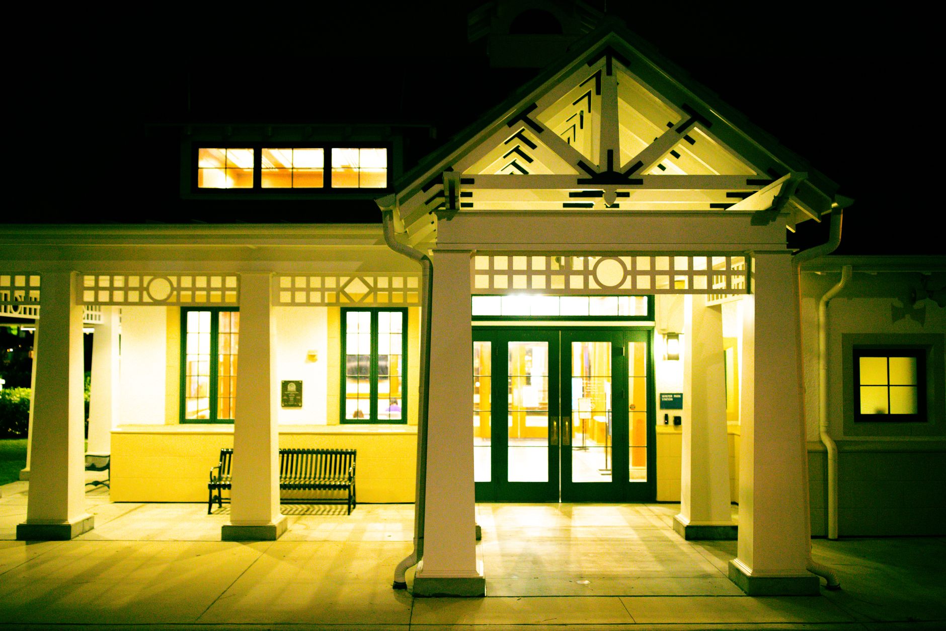 A home’s front porch lit at night