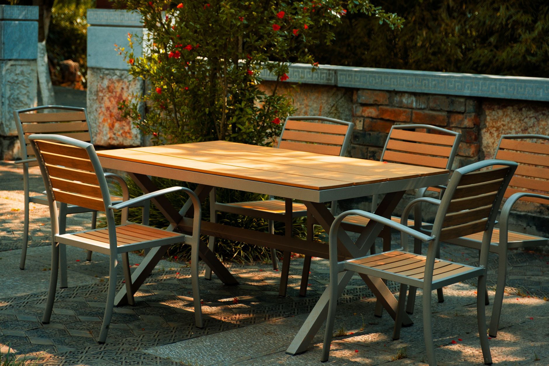 An outdoor dining table on a patio