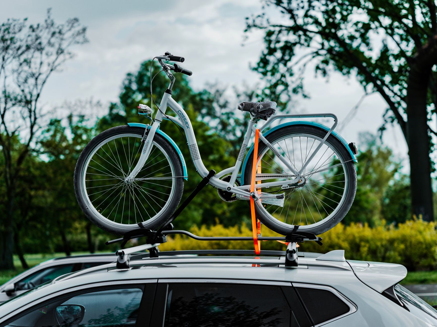 A bicycle carried on a vehicle rack