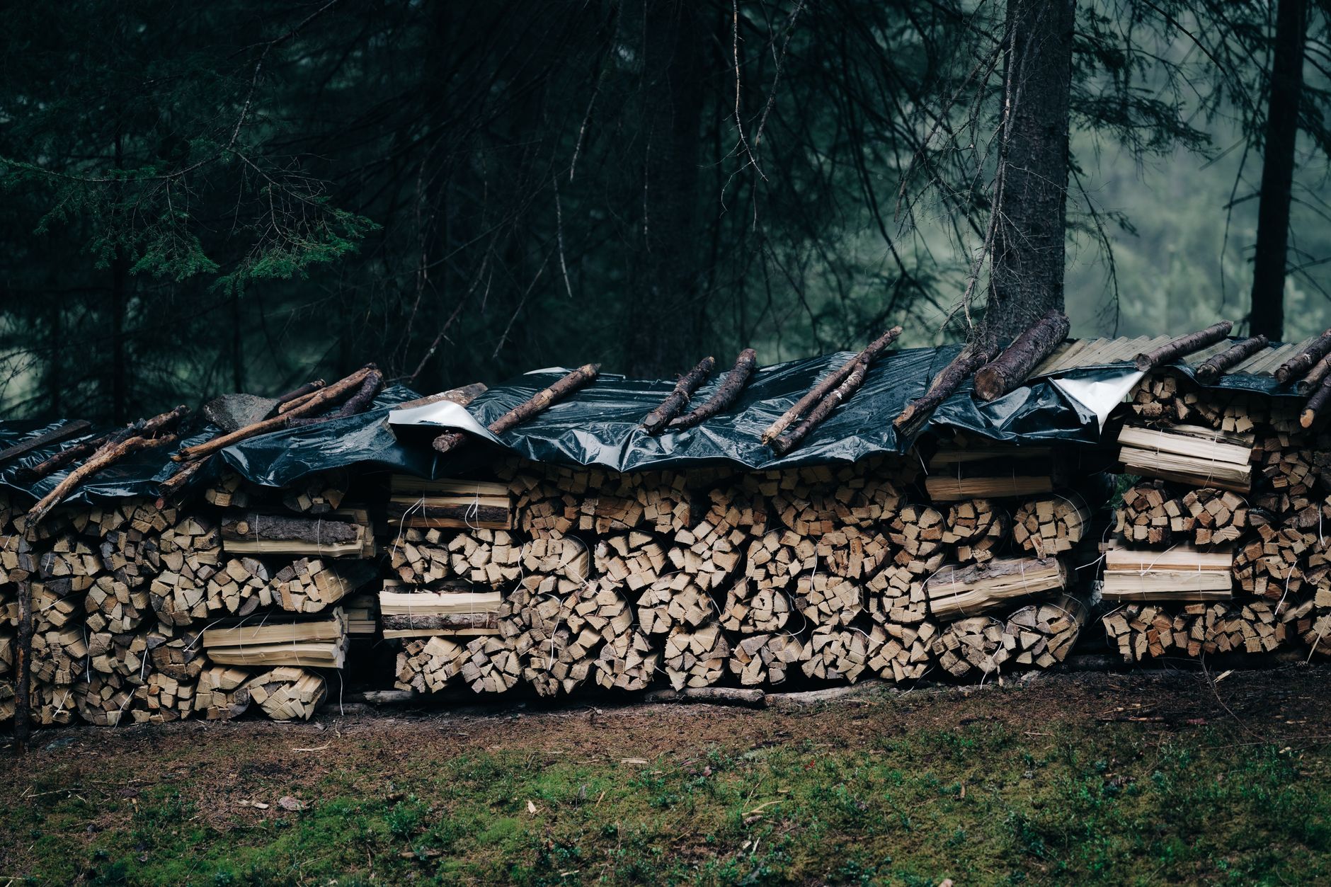 A tarp covering a stack of firewood outdoors