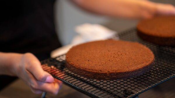 Best cake pan: a homemade layer cake in a kitchen