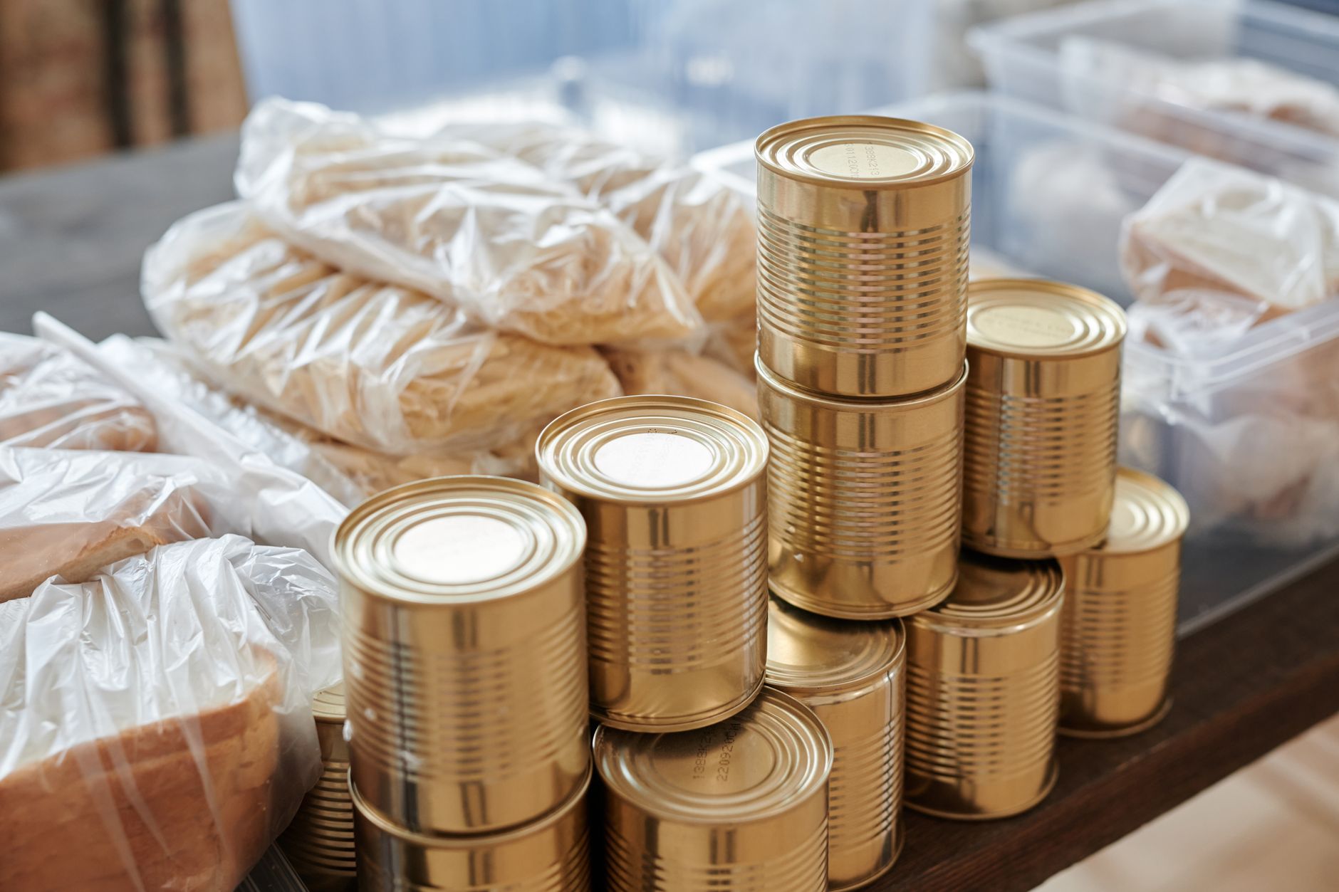 Stacked cans and dry goods in storage