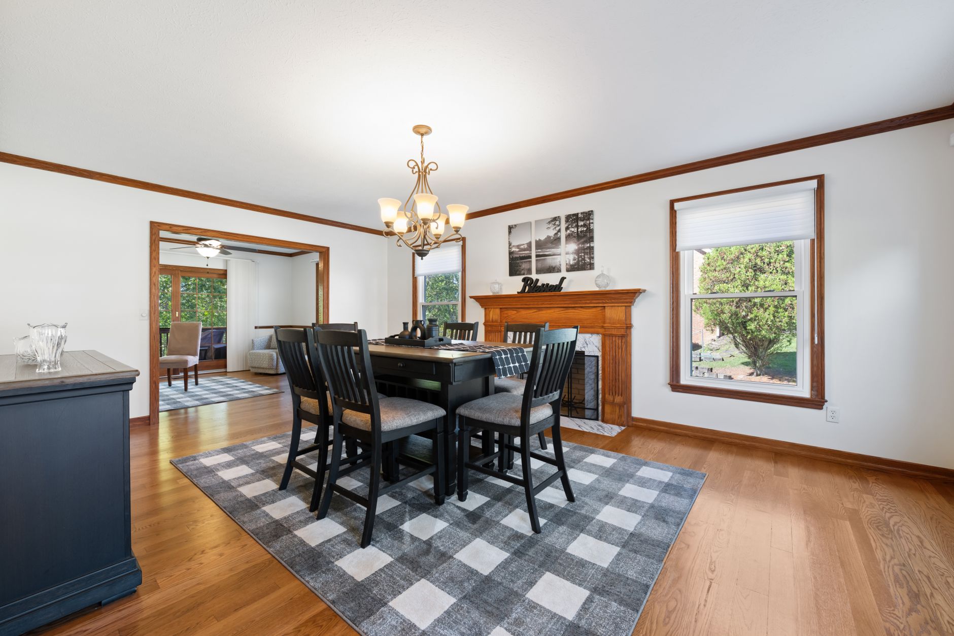 An area rug under a dining table