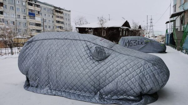 Cars under quilted covers in the snow