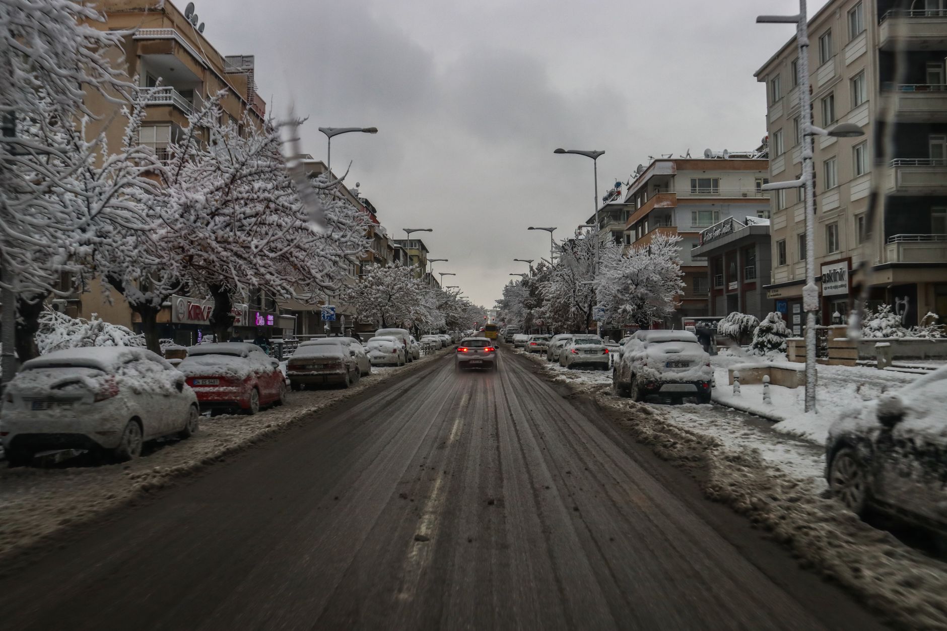 Snow-lined city street with parked cars