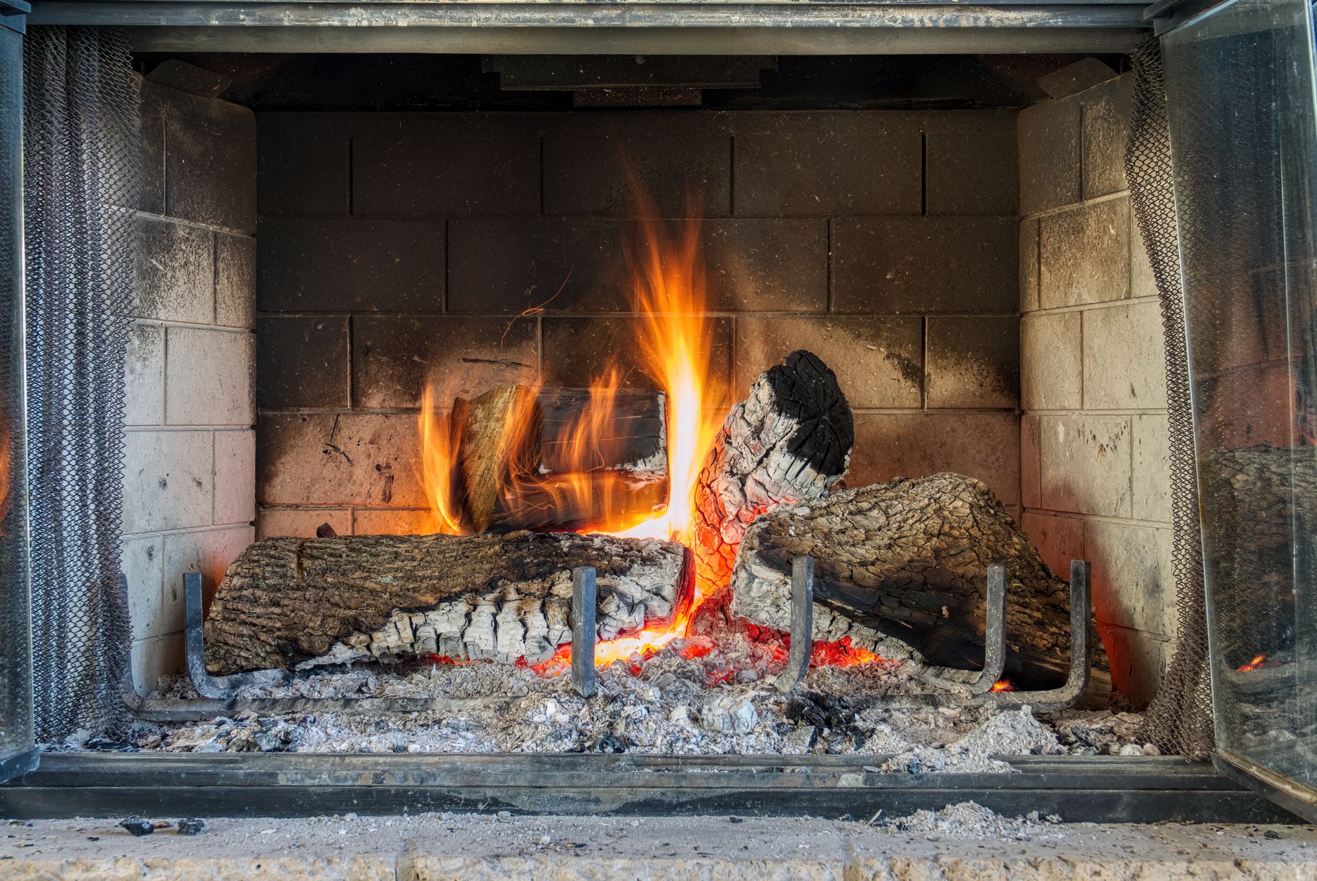 Logs burning in a fireplace