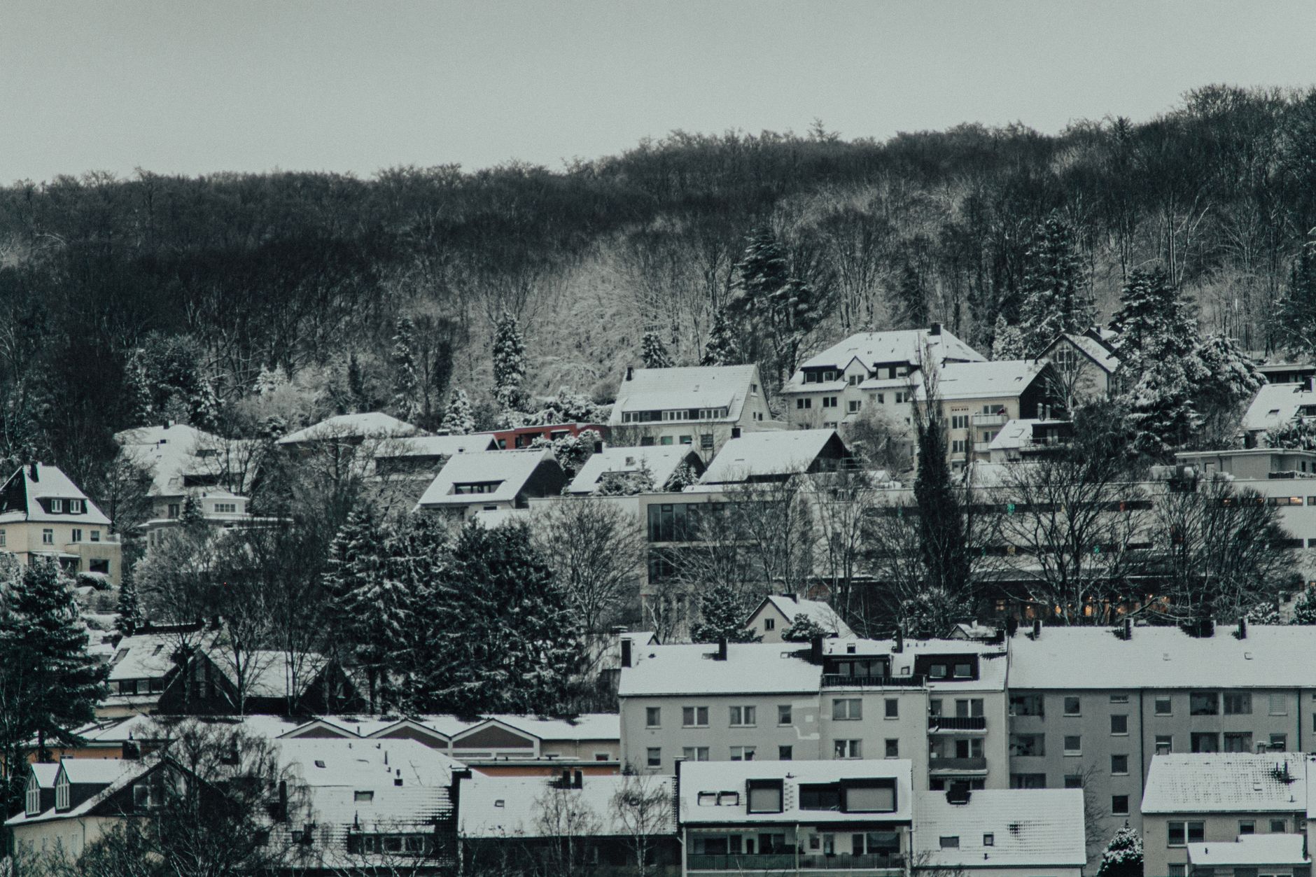 Snow-covered houses on a hillside
