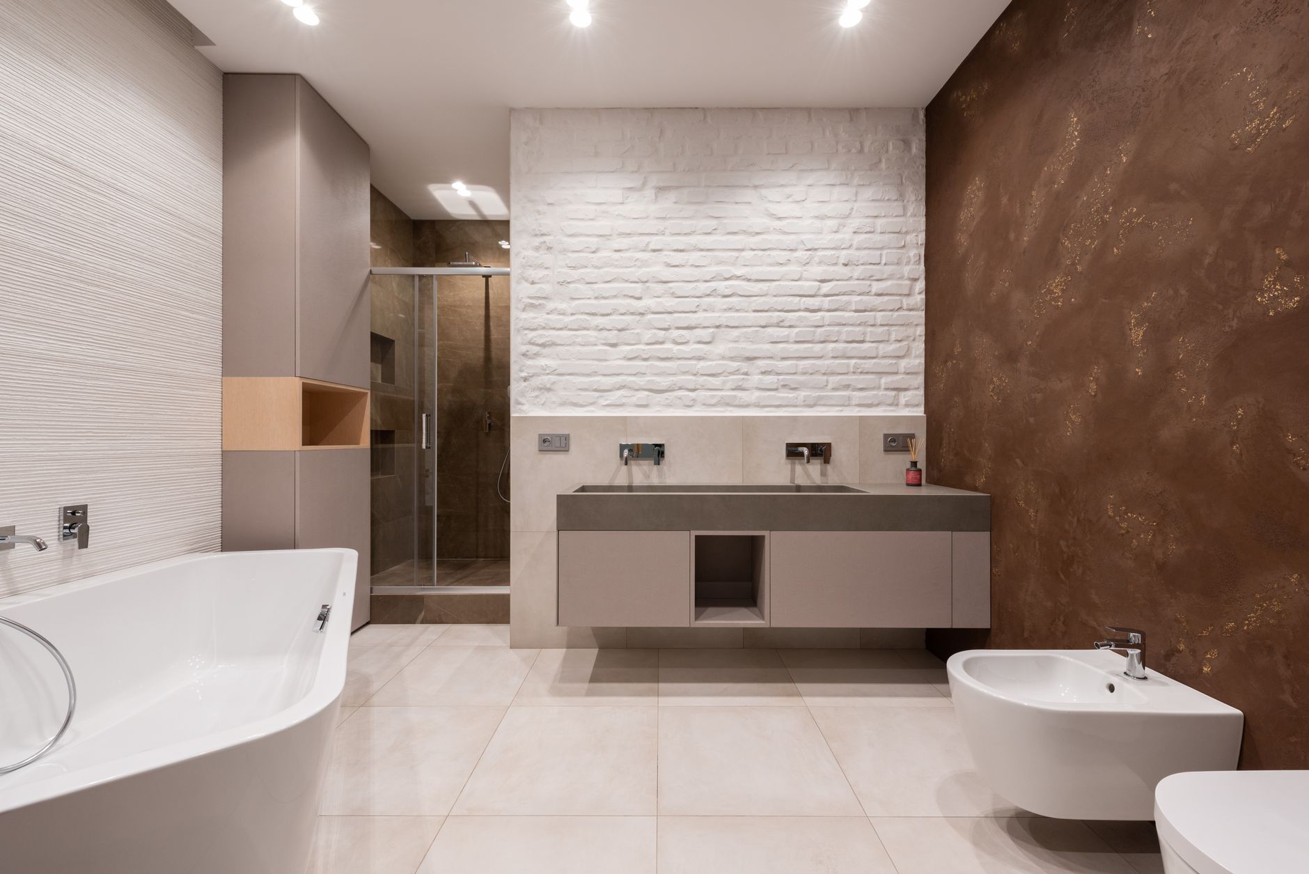 A modern bathroom with a freestanding tub