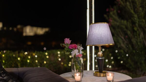 Best citronella candle: candles glowing on a patio table in the evening