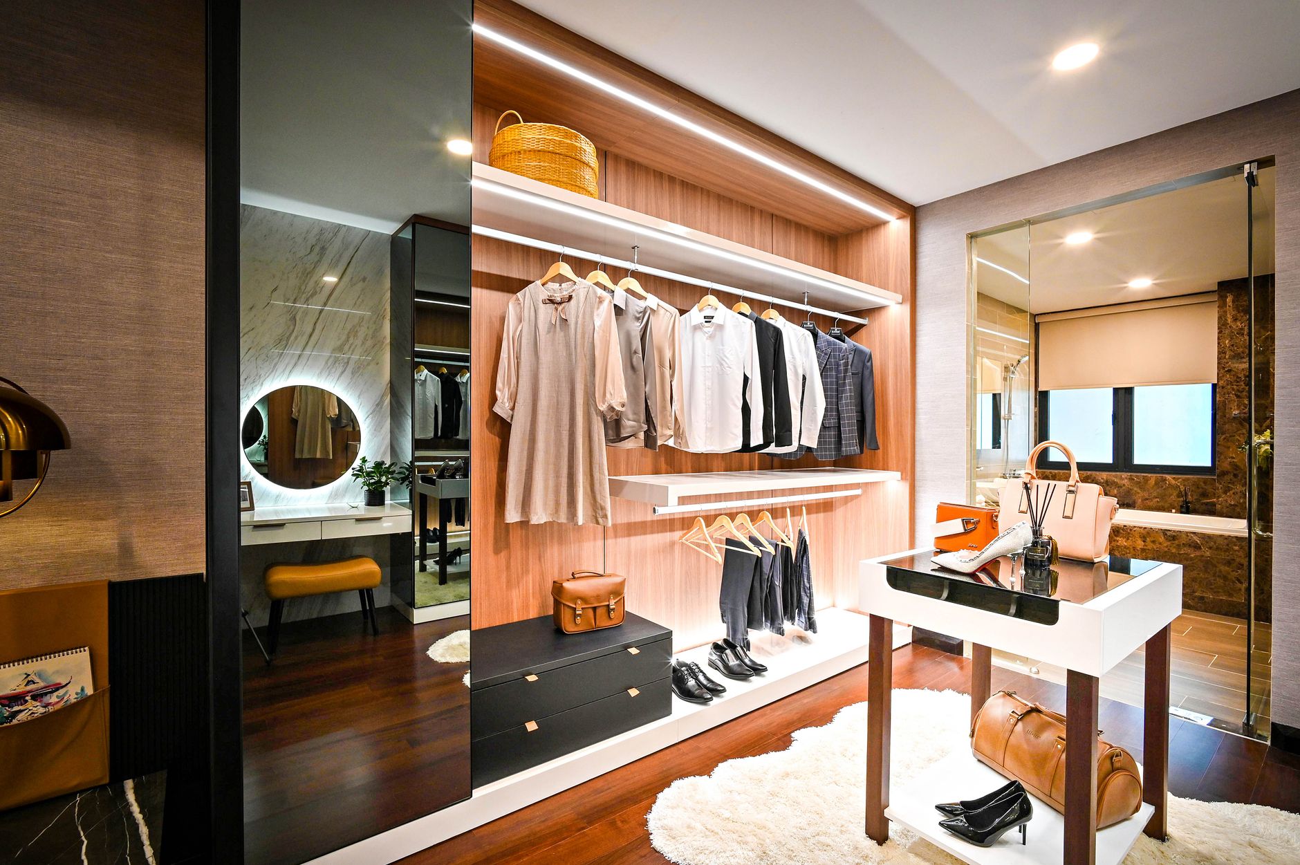 A walk-in closet with shelves and hanging space