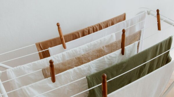 Clothes pinned on a white drying rack