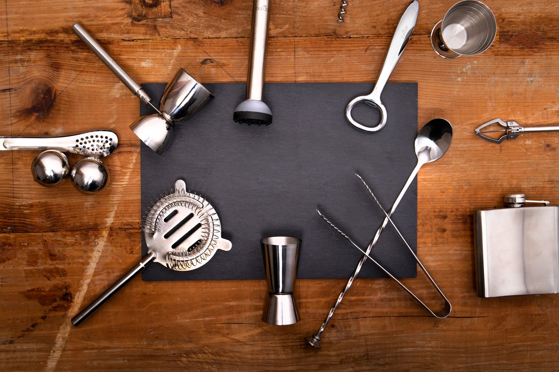Bar tools laid out on a counter