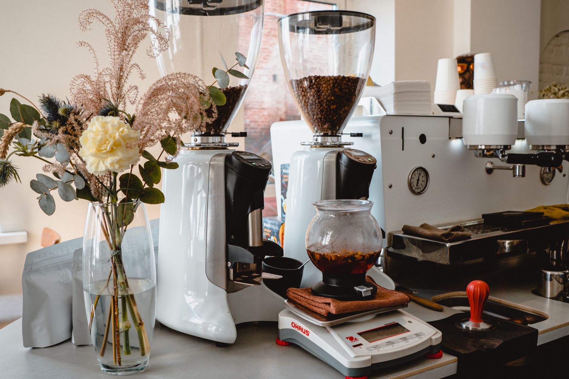 Coffee grinders on a café counter