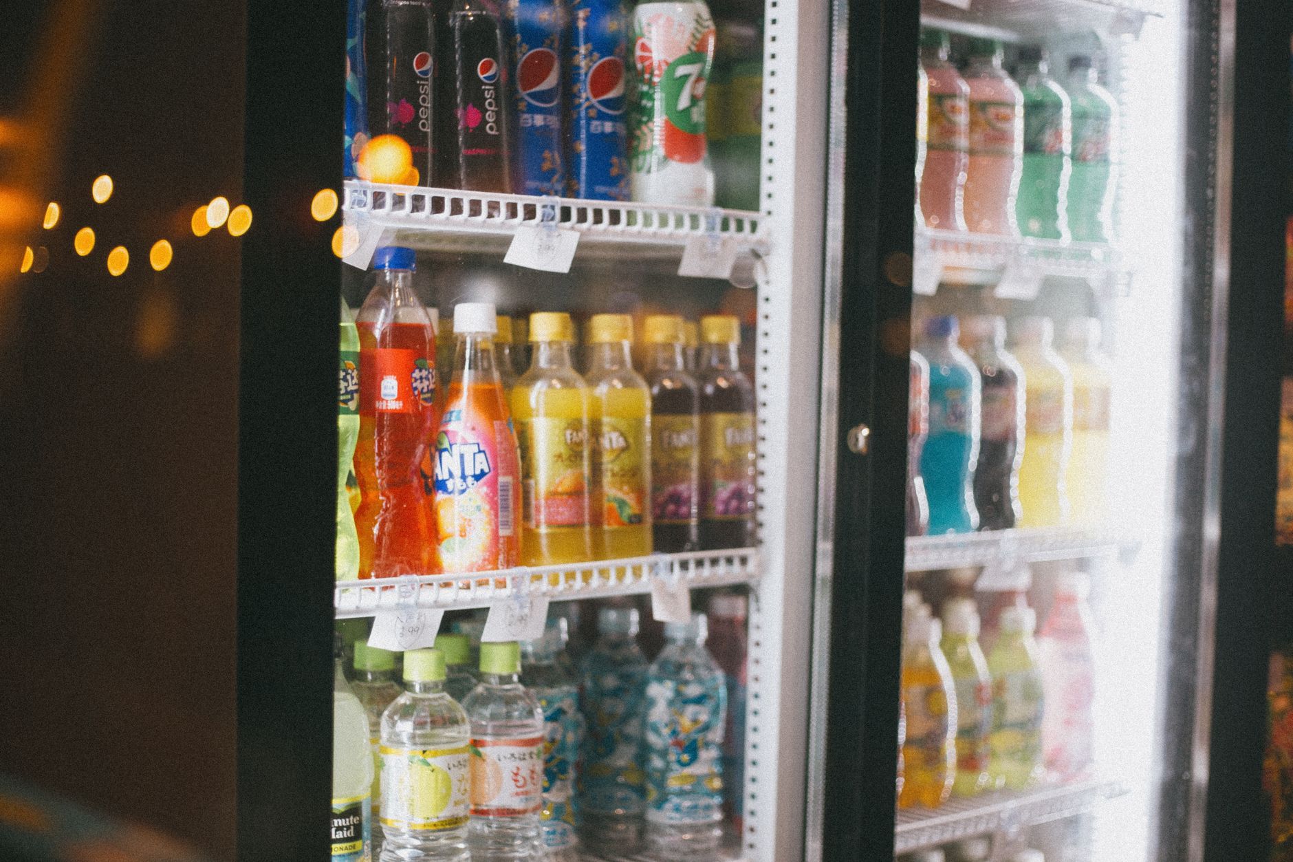 Bottled drinks in a glass-door cooler