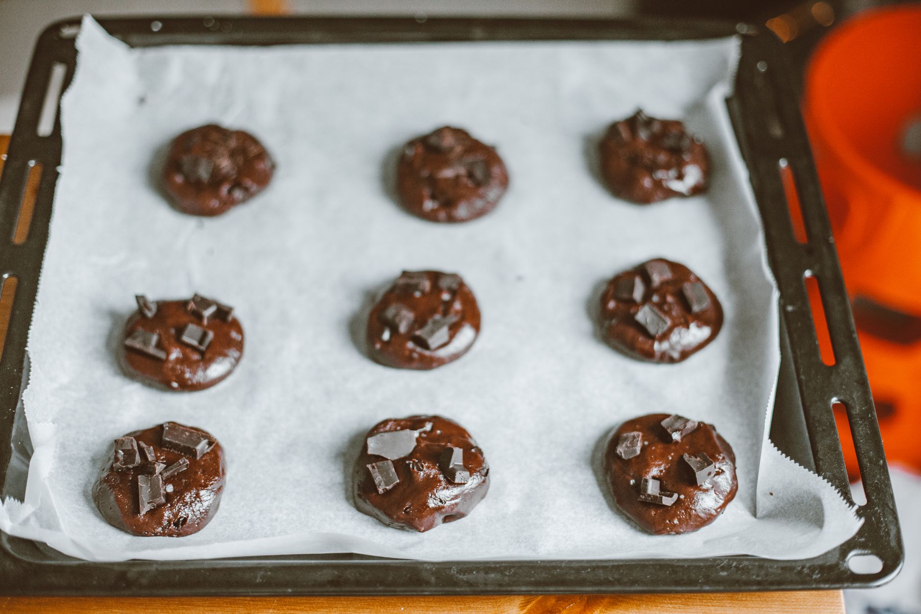 Chocolate cookies on a baking sheet