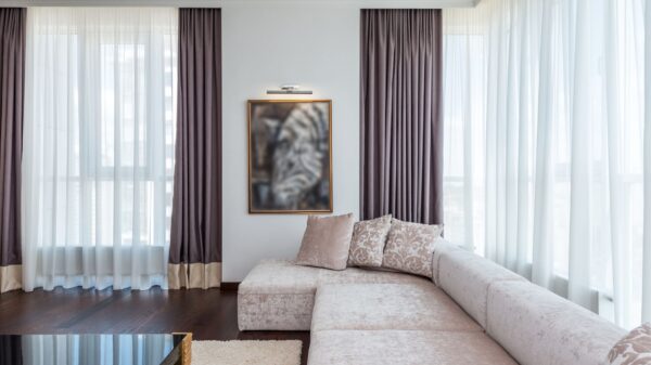 Best curtain rod: curtains hanging on a rod over a living room window