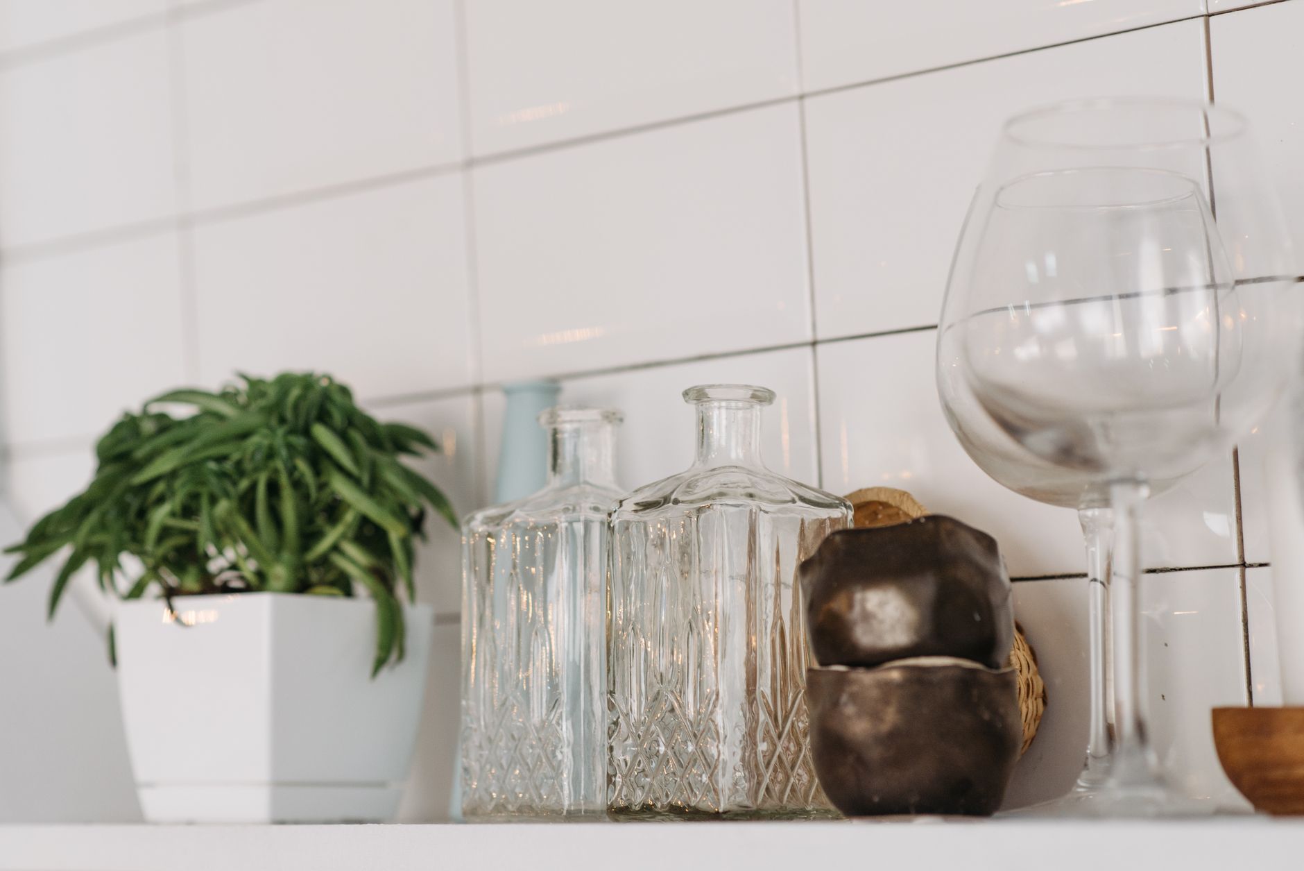 Glassware on a kitchen shelf