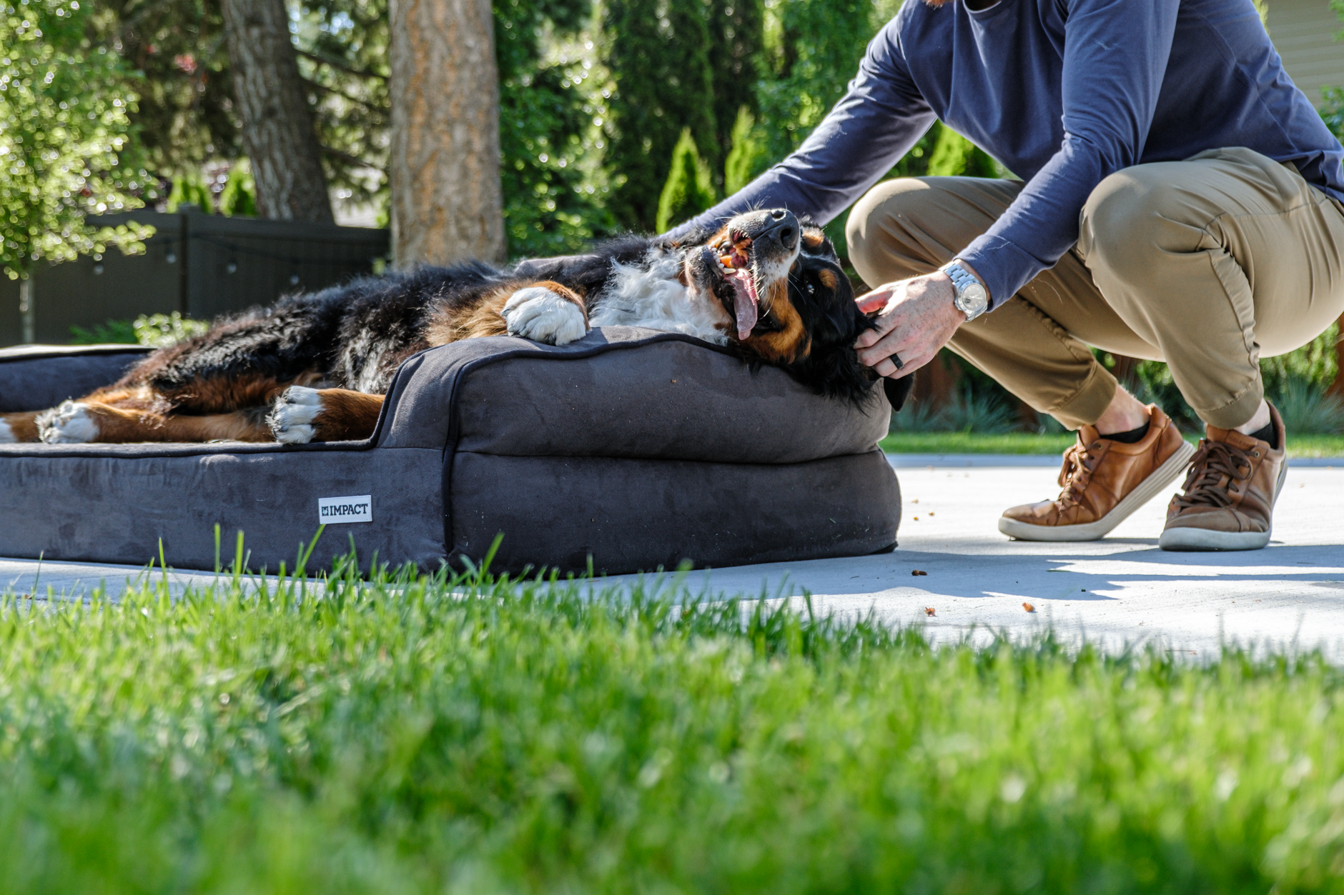 A man petting a dog on an outdoor dog bed