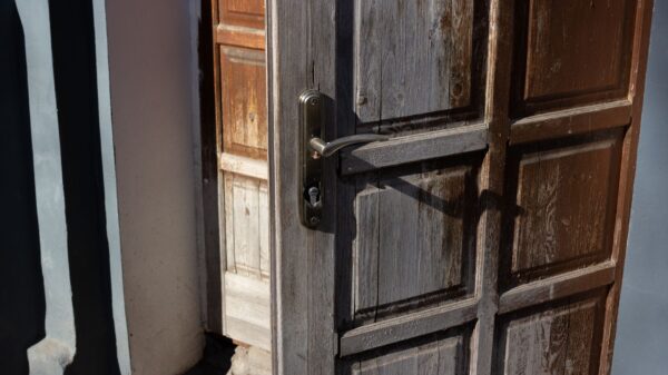 Best door lever handle: a lever handle on an old wooden door