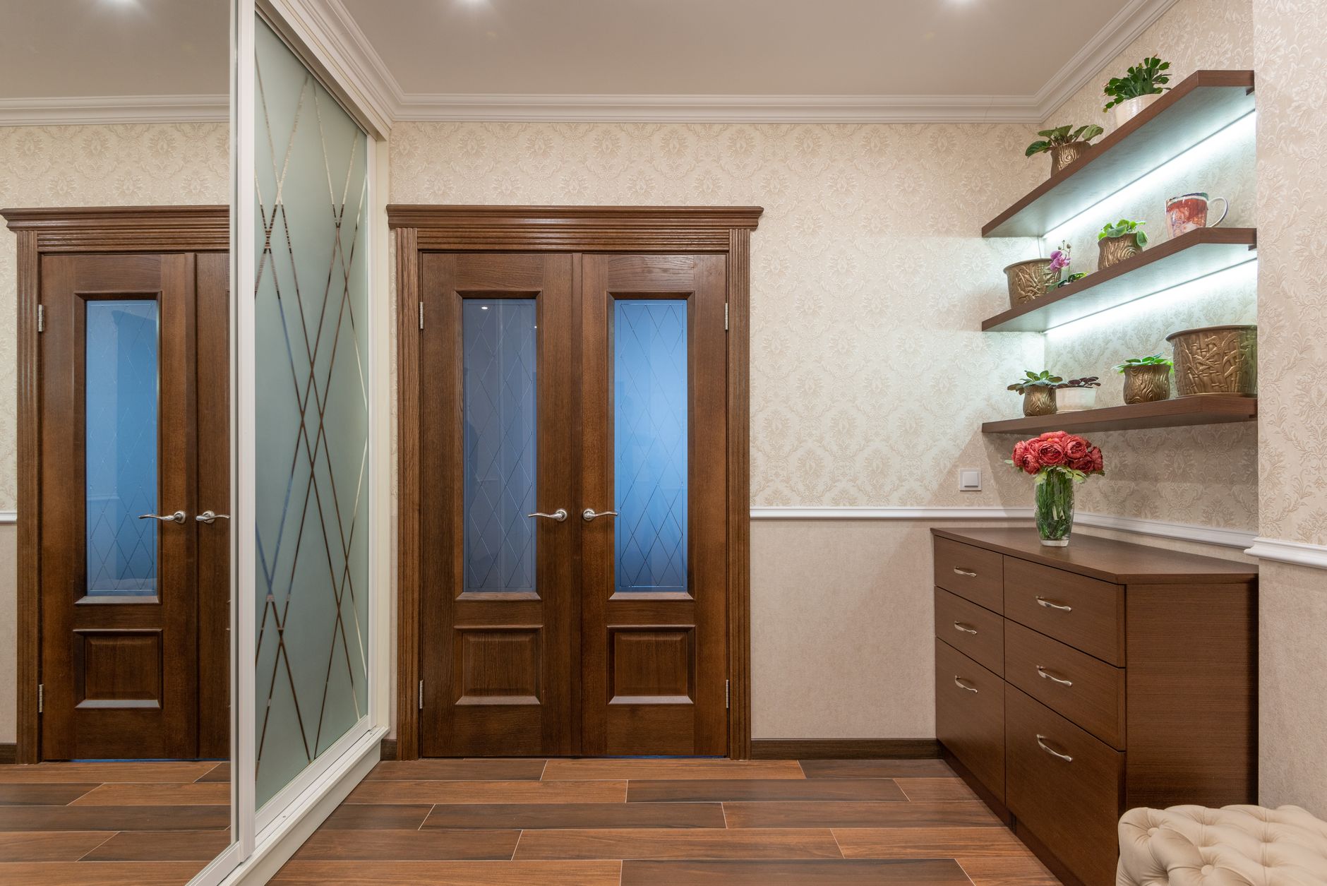 A closed wooden door inside a home