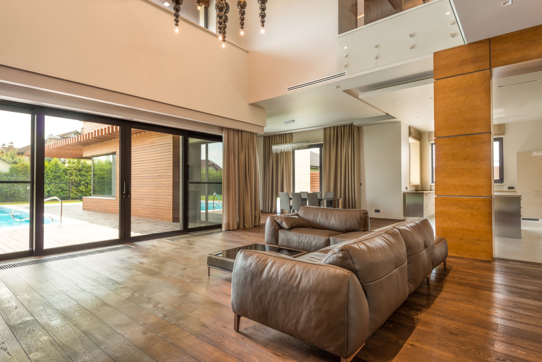 Large sliding glass doors in an open living room