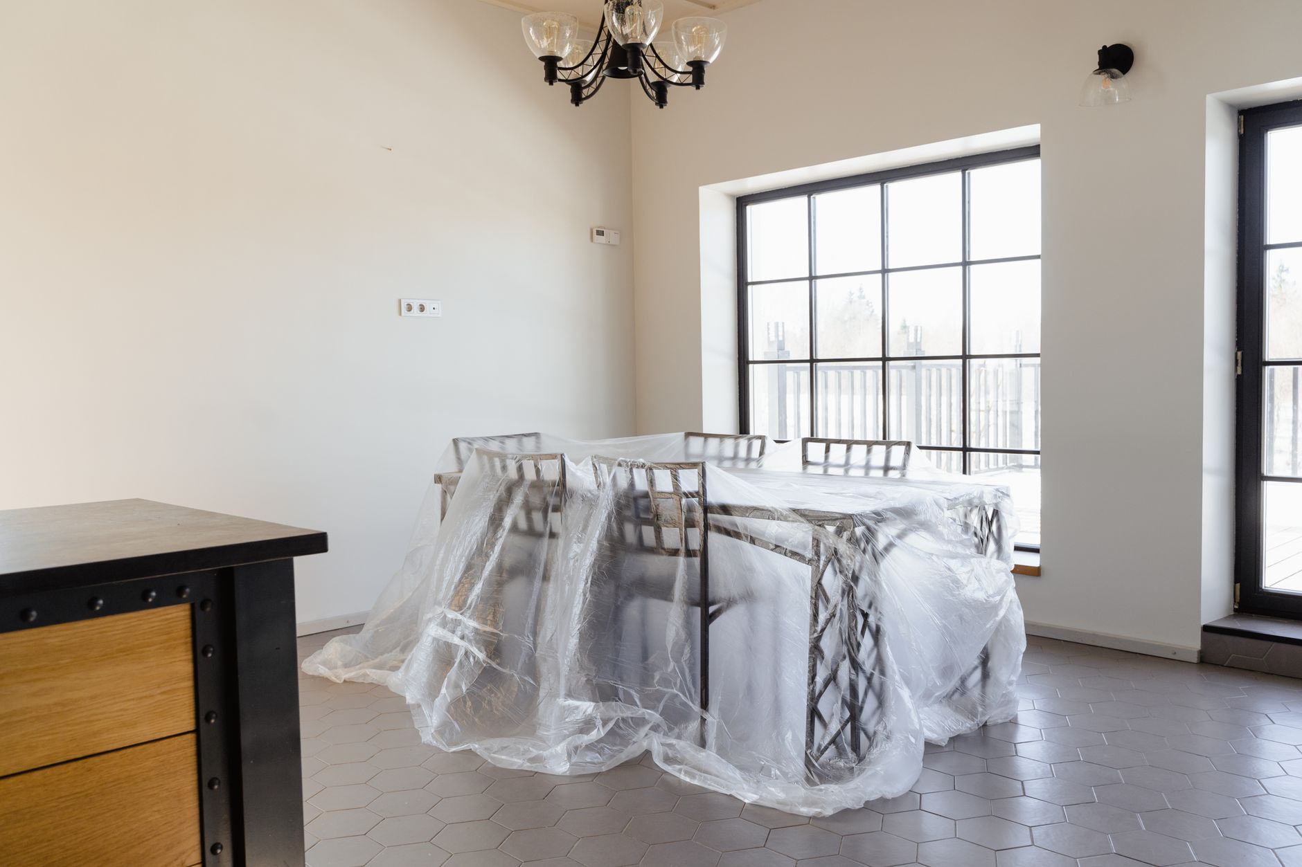 Furniture covered during a home renovation