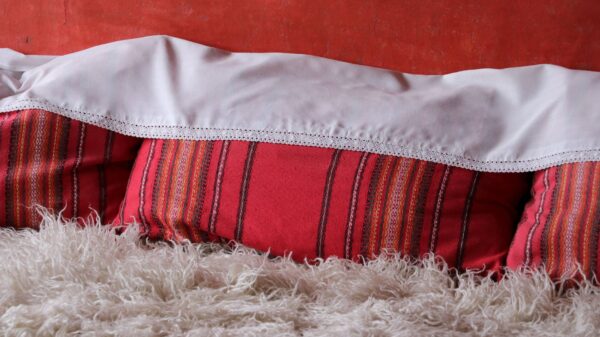 Red pillows and a white blanket on a fluffy rug