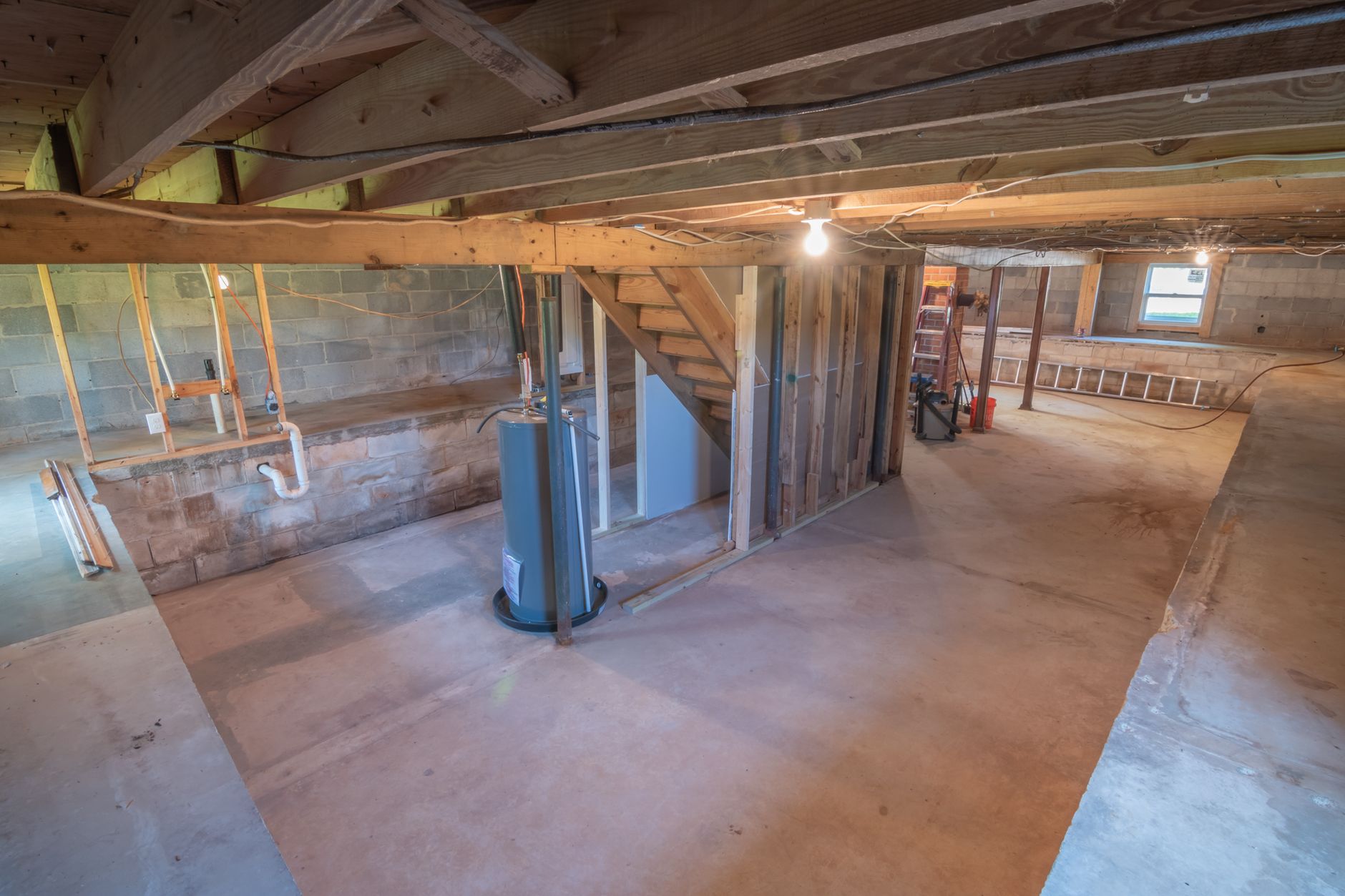 A basement with a water heater