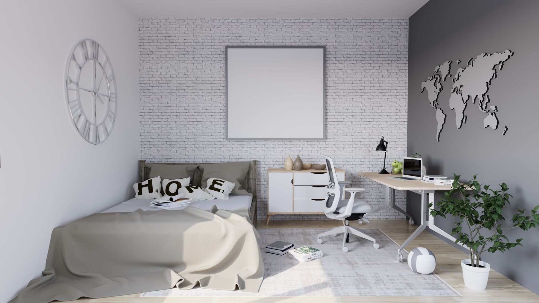 A bedroom with a small desk and storage cabinet