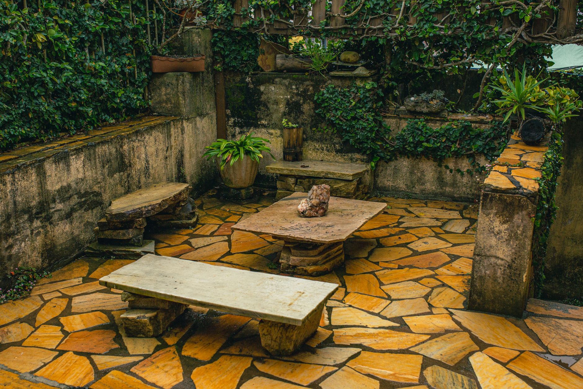 A stone patio courtyard
